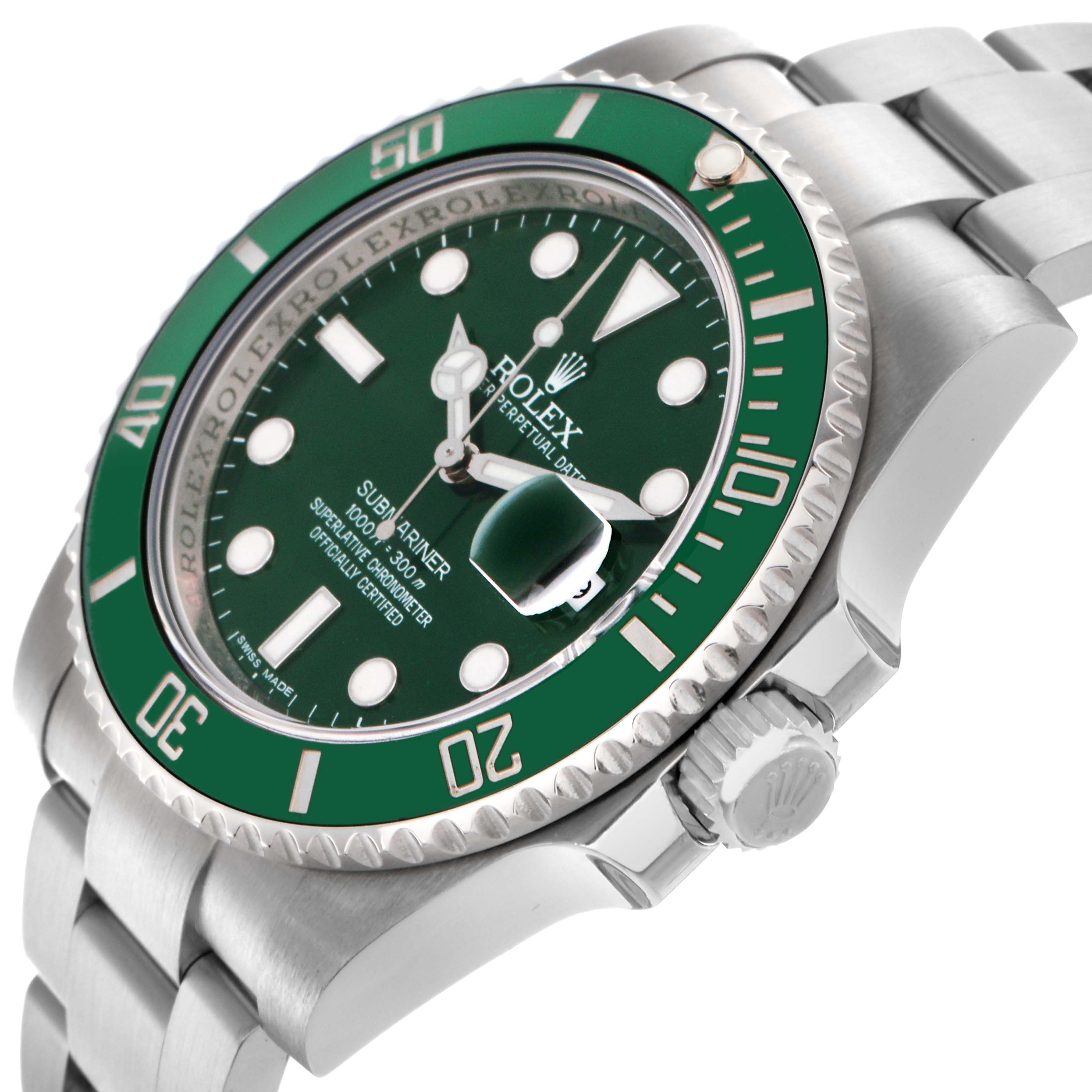 The Rolex Submariner 116610LV Men
s Stainless Steel Green Dial 116610LV Men
s Stainless Steel Green Dial watch is shown at a slight angle, displaying the face, bezel, crown, and part of the bracelet.