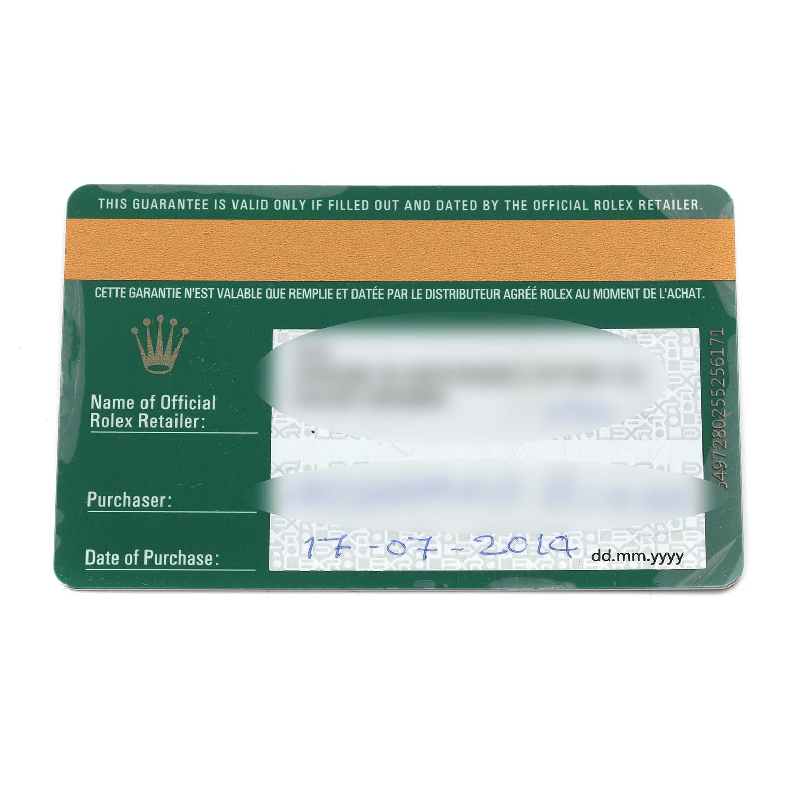The image shows a warranty card for a Rolex Submariner 116610LV Men
s Stainless Steel Green Dial 116610LV Men
s Stainless Steel Green Dial, displaying purchase details and official retailer information.