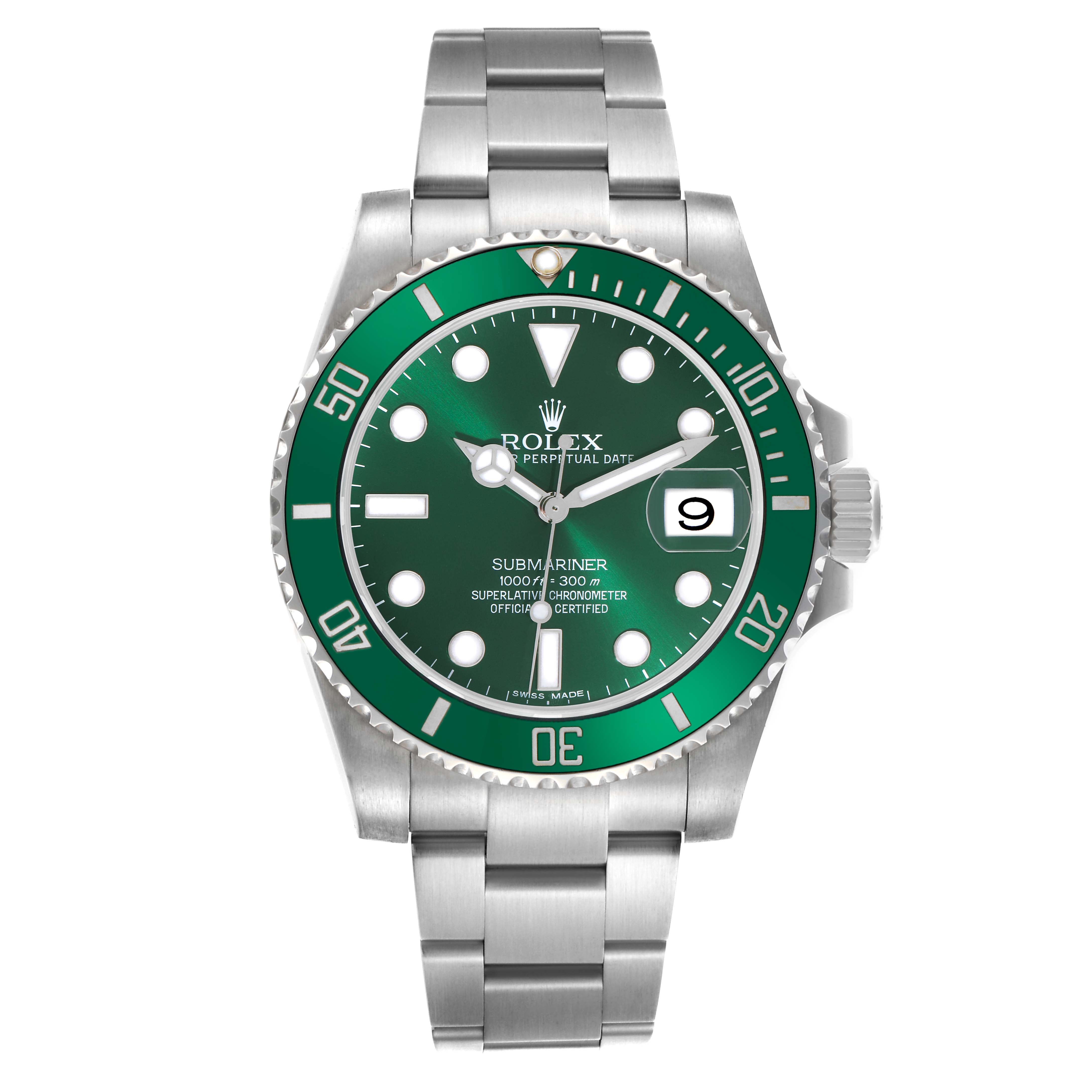 The Rolex Submariner 116610LV Men
s Stainless Steel Green Dial 116610LV Men
s Stainless Steel Green Dial is shown from the front, displaying its green bezel, dial, date window, and metal bracelet.