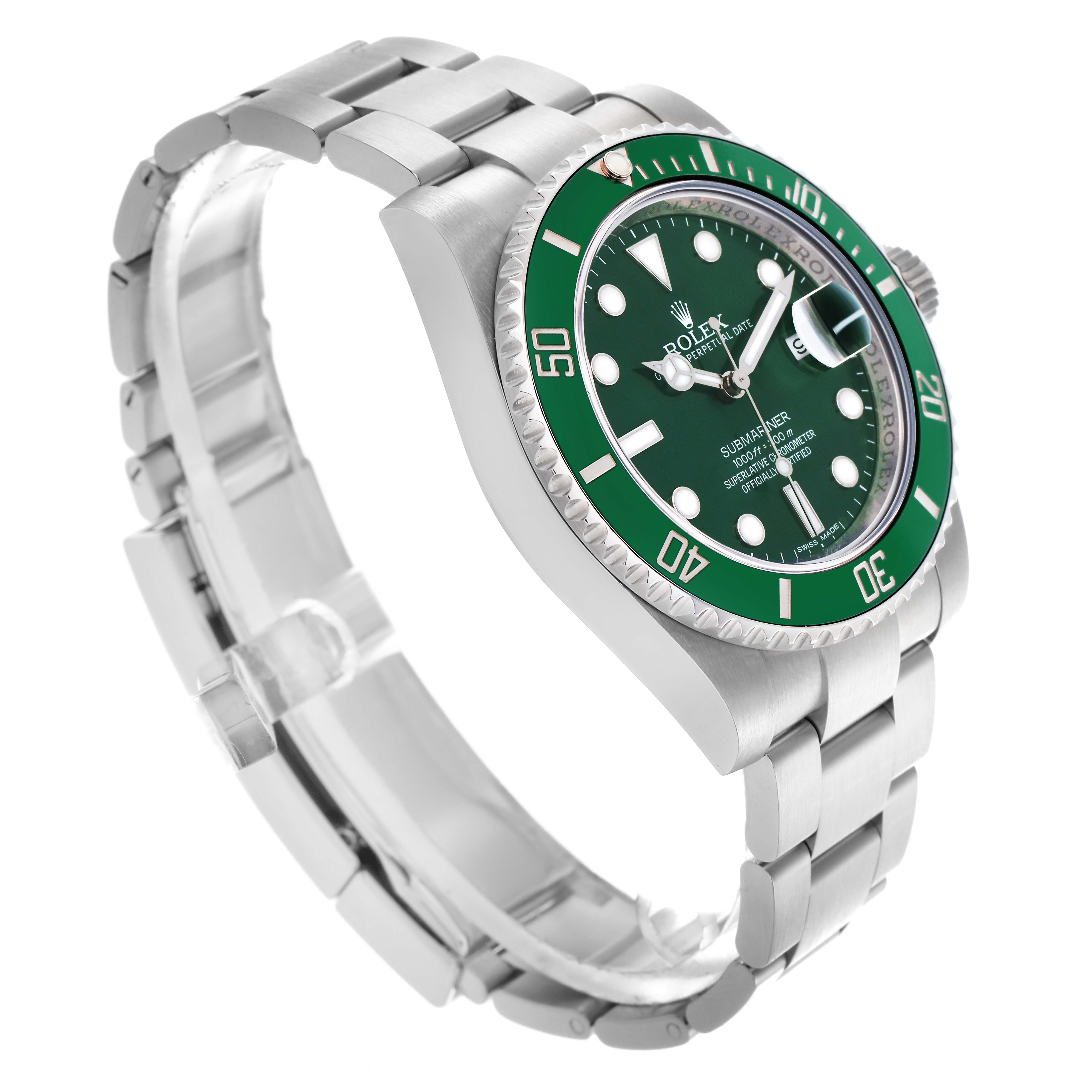 The Rolex Submariner 116610LV Men
s Stainless Steel Green Dial 116610LV Men
s Stainless Steel Green Dial is shown from a front angled view, displaying the face, bezel, and stainless steel bracelet.