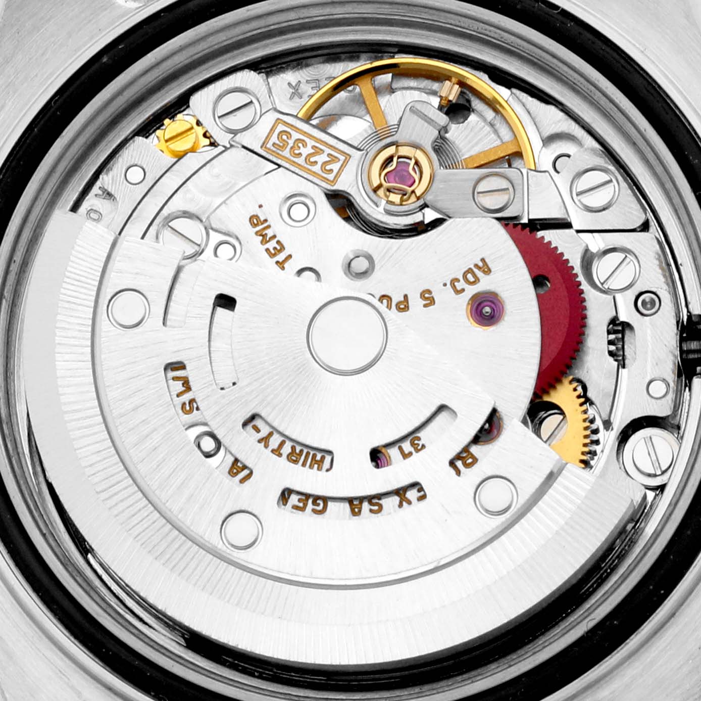 The image shows the internal movement mechanism of a Rolex Yacht-Master 169622 Women
s Stainless Steel Silver Dial 169622 Women
s Stainless Steel Silver Dial model from a close-up, top-down angle.