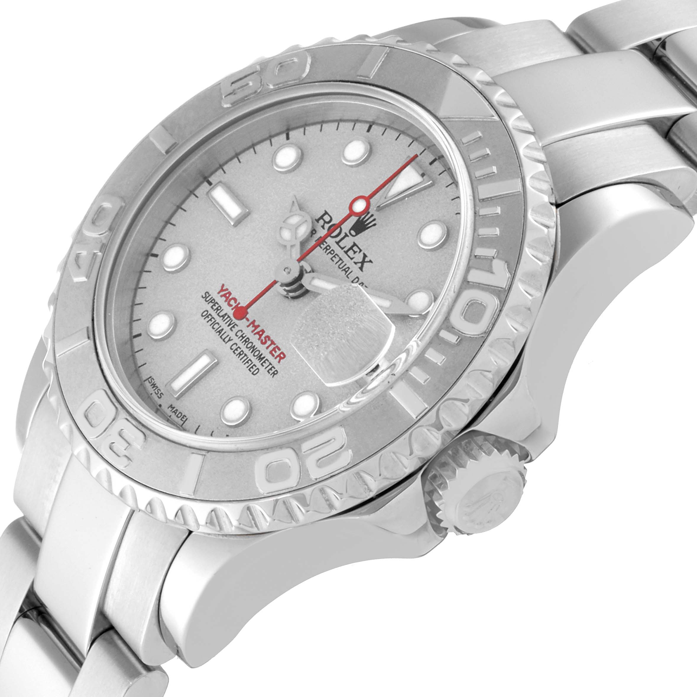 The image shows a close-up angle of the Rolex Yacht-Master 169622 Women
s Stainless Steel Silver Dial 169622 Women
s Stainless Steel Silver Dial watch
s dial, bezel, and crown.