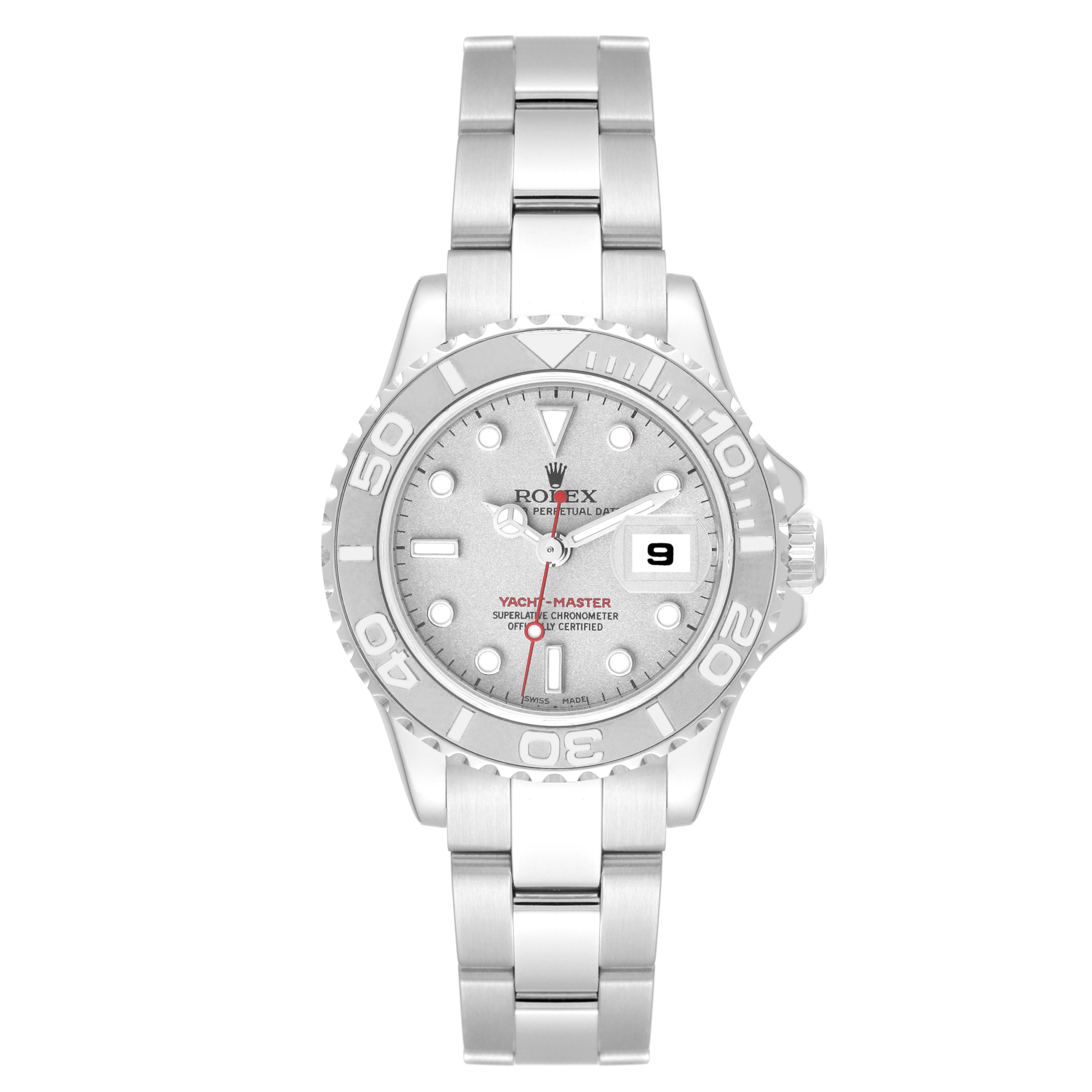 This image shows a front view of the Rolex Yacht-Master 169622 Women
s Stainless Steel Silver Dial 169622 Women
s Stainless Steel Silver Dial watch, including the dial, bezel, and bracelet.