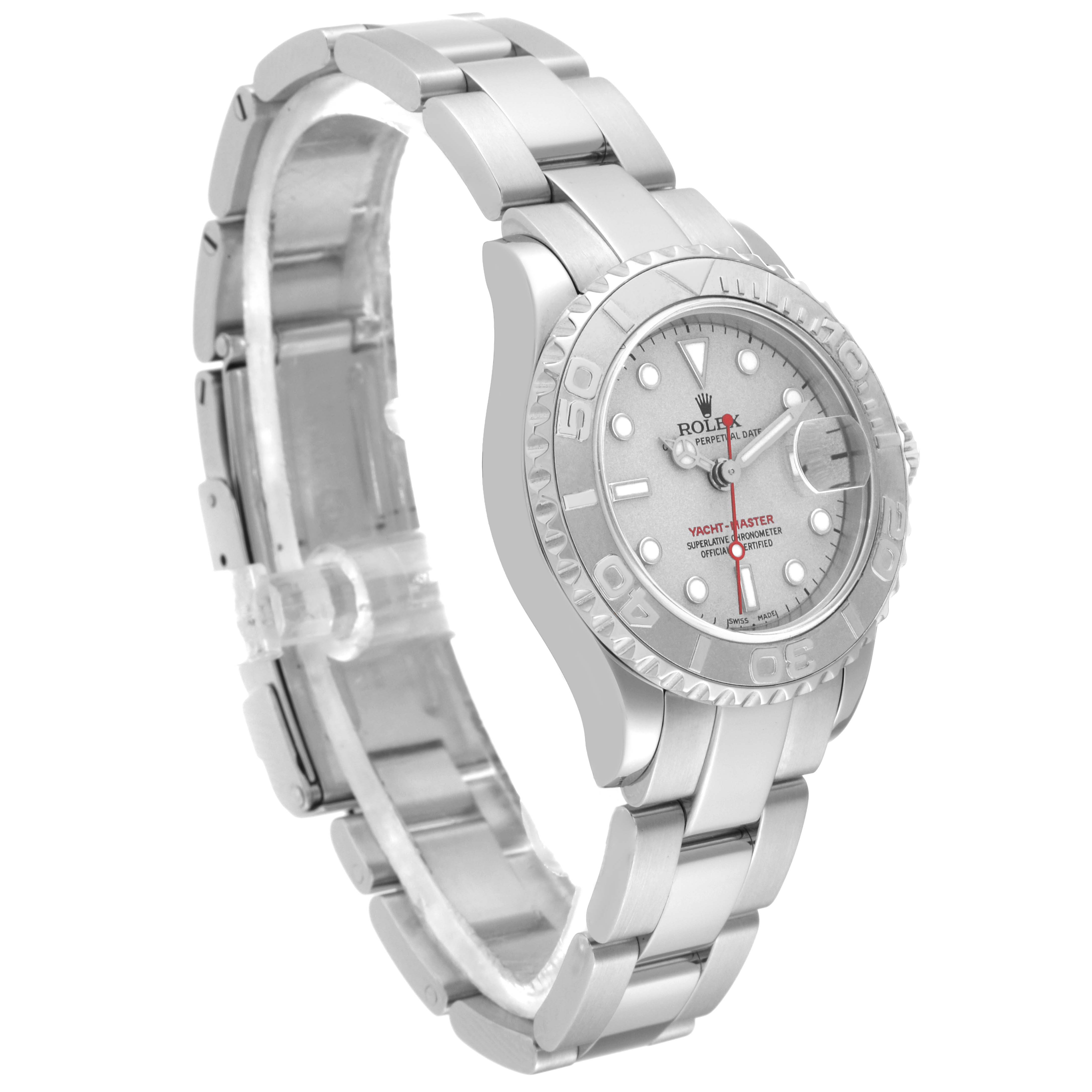 This image shows a side angle of the Rolex Yacht-Master 169622 Women
s Stainless Steel Silver Dial 169622 Women
s Stainless Steel Silver Dial watch with its bracelet, dial, and bezel in view.