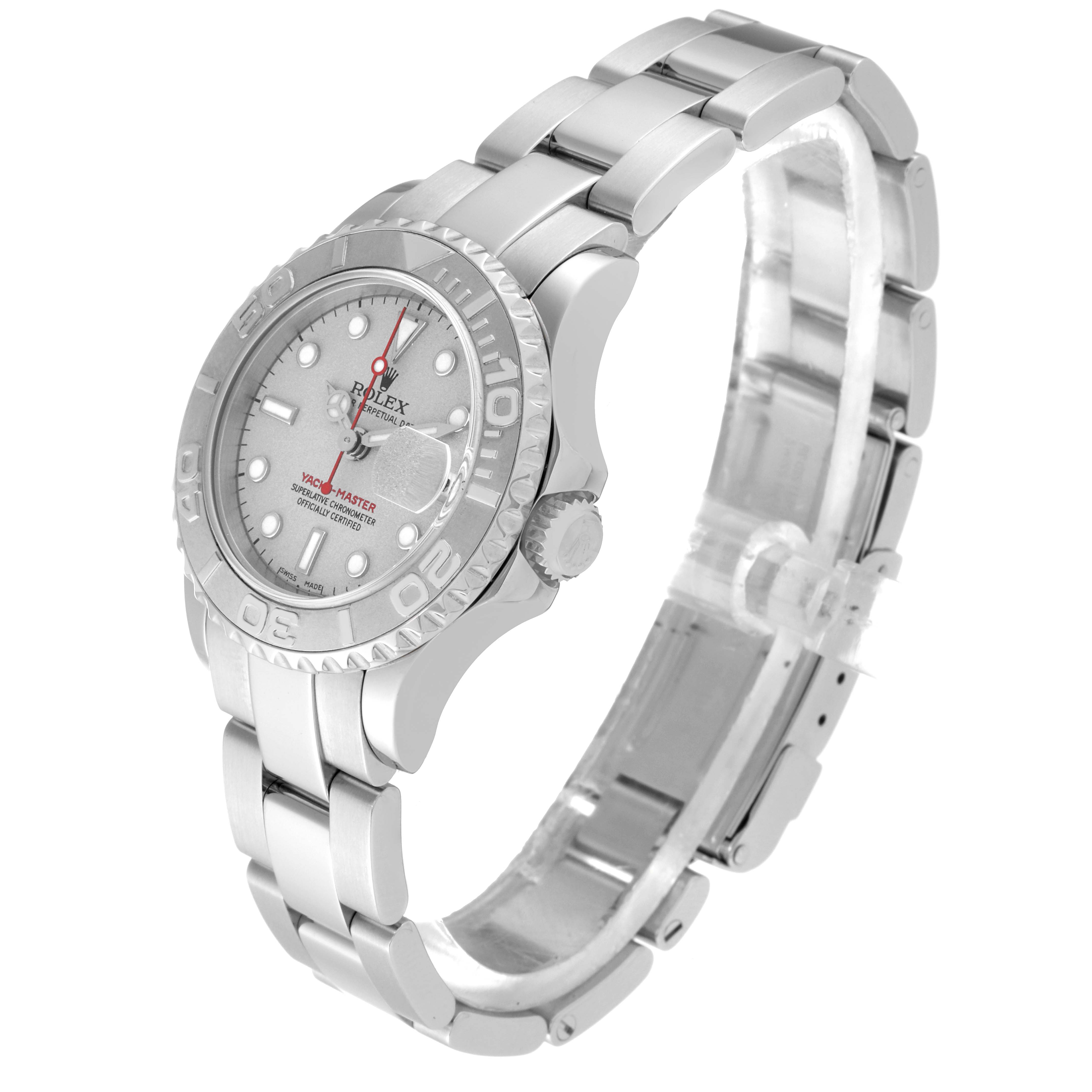 The image shows an angled view of a Rolex Yacht-Master 169622 Women
s Stainless Steel Silver Dial 169622 Women
s Stainless Steel Silver Dial watch, featuring its bezel, dial, crown, and bracelet.