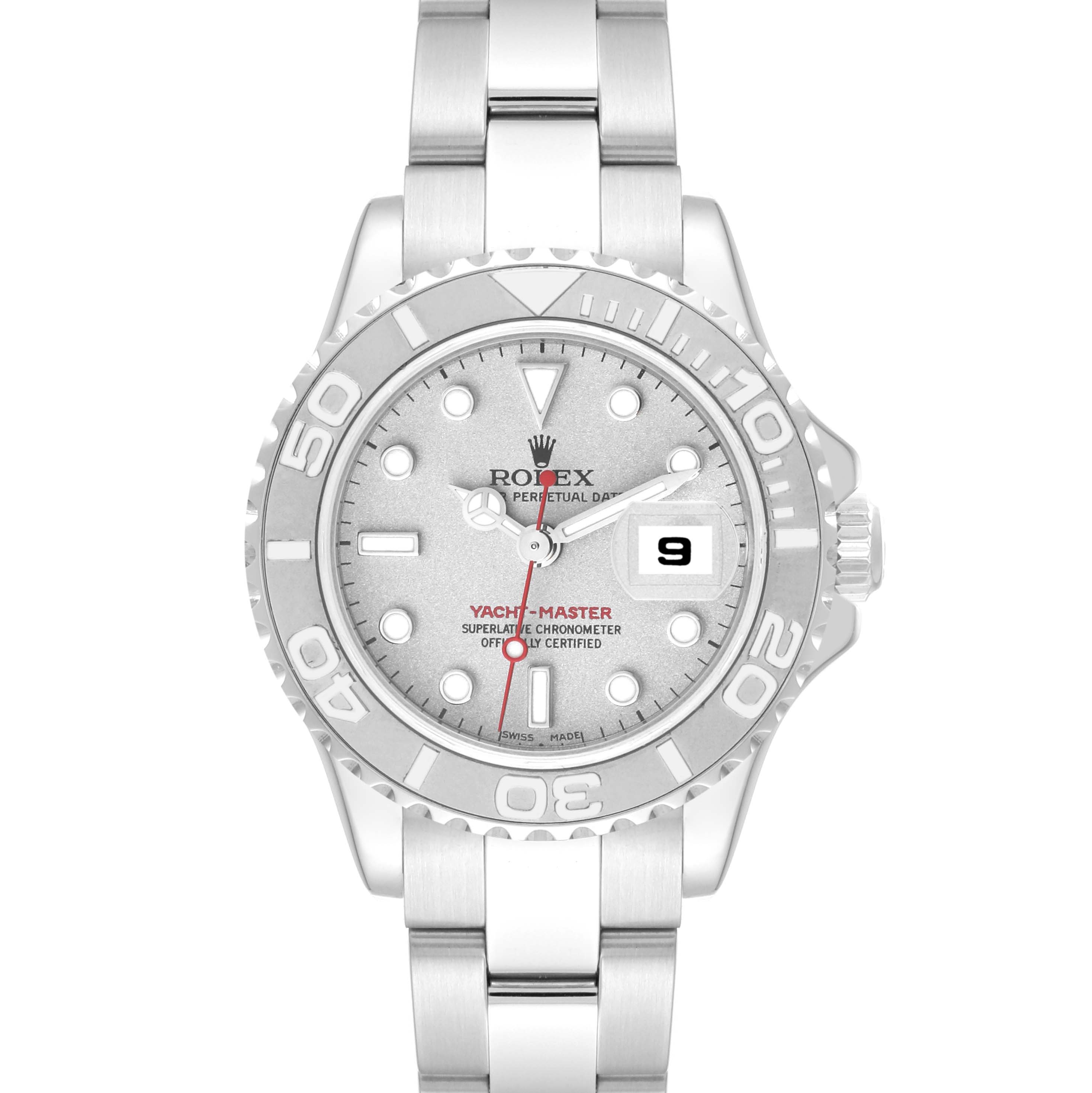 The Rolex Yacht-Master 169622 Women
s Stainless Steel Silver Dial 169622 Women
s Stainless Steel Silver Dial watch is shown from a front angle, displaying the dial, bezel, bracelet, and date window.