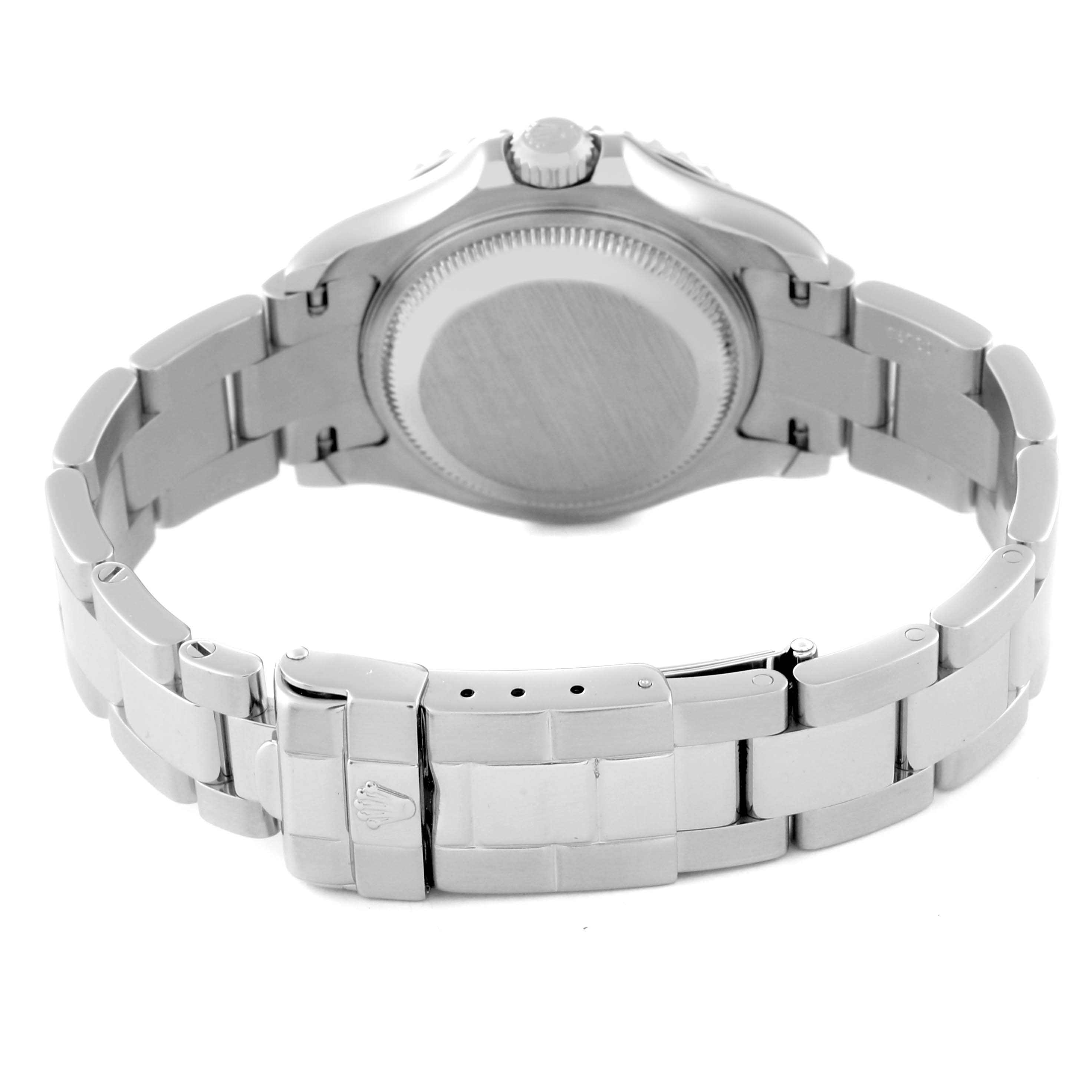 The image displays the back view of a Rolex Yacht-Master 169622 Women
s Stainless Steel Silver Dial 169622 Women
s Stainless Steel Silver Dial watch, highlighting its case back, bracelet, and clasp.