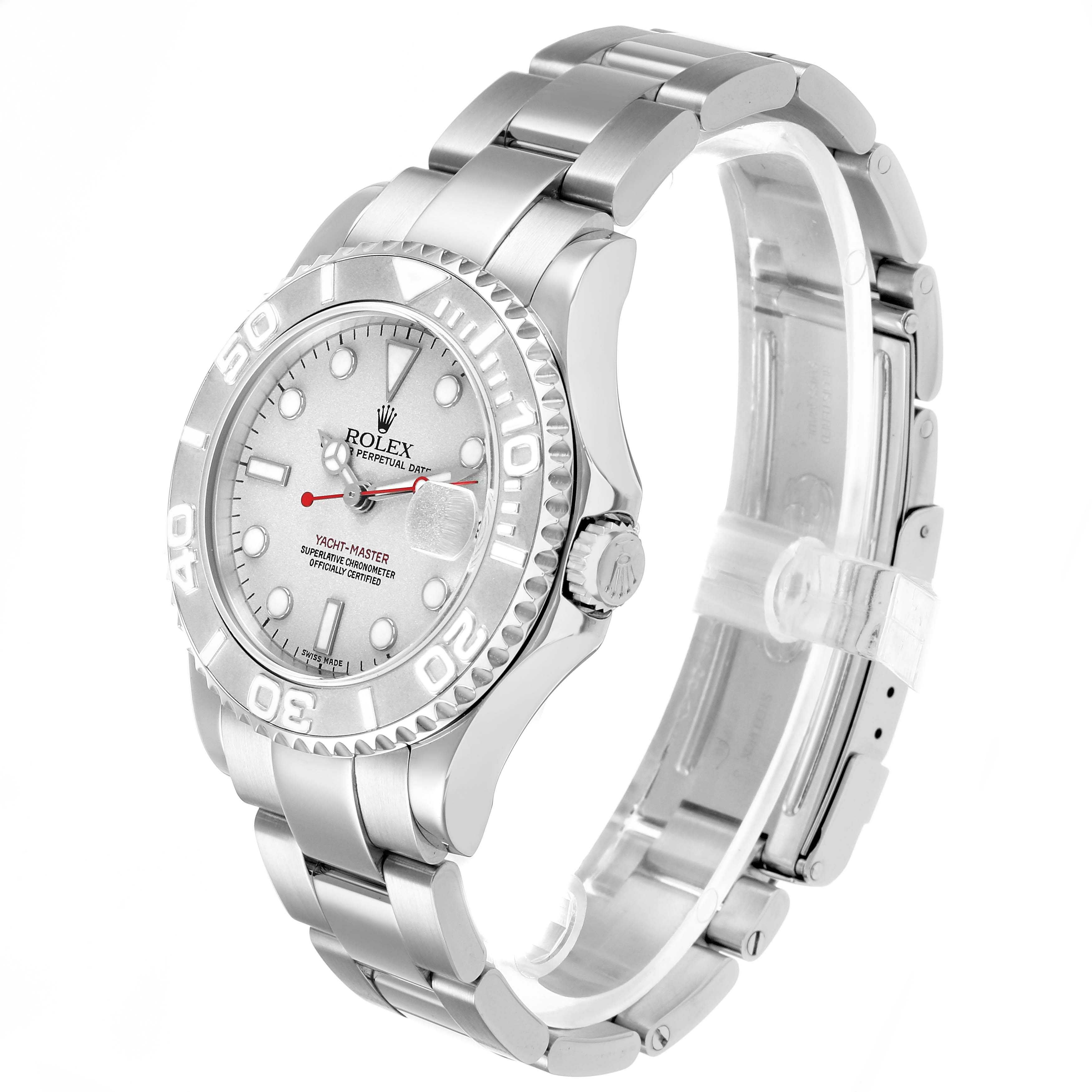 The Rolex Yacht-Master 168622 Men's Stainless Steel Silver Dial watch is shown at a three-quarter angle, highlighting the face, bezel, and bracelet.