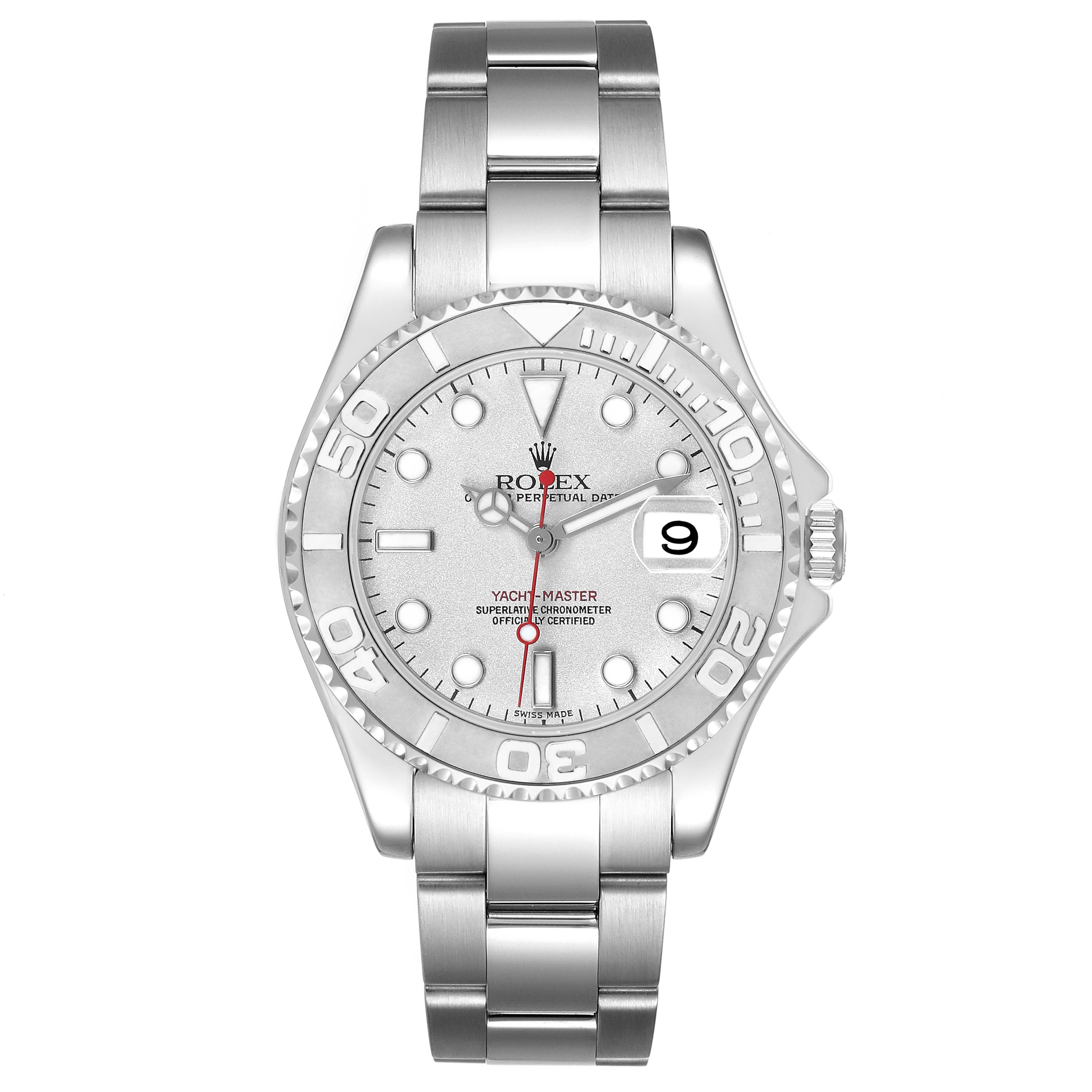 The Rolex Yacht-Master 168622 Men's Stainless Steel Silver Dial watch is shown from a top-down angle, displaying the full face, bezel, and bracelet.