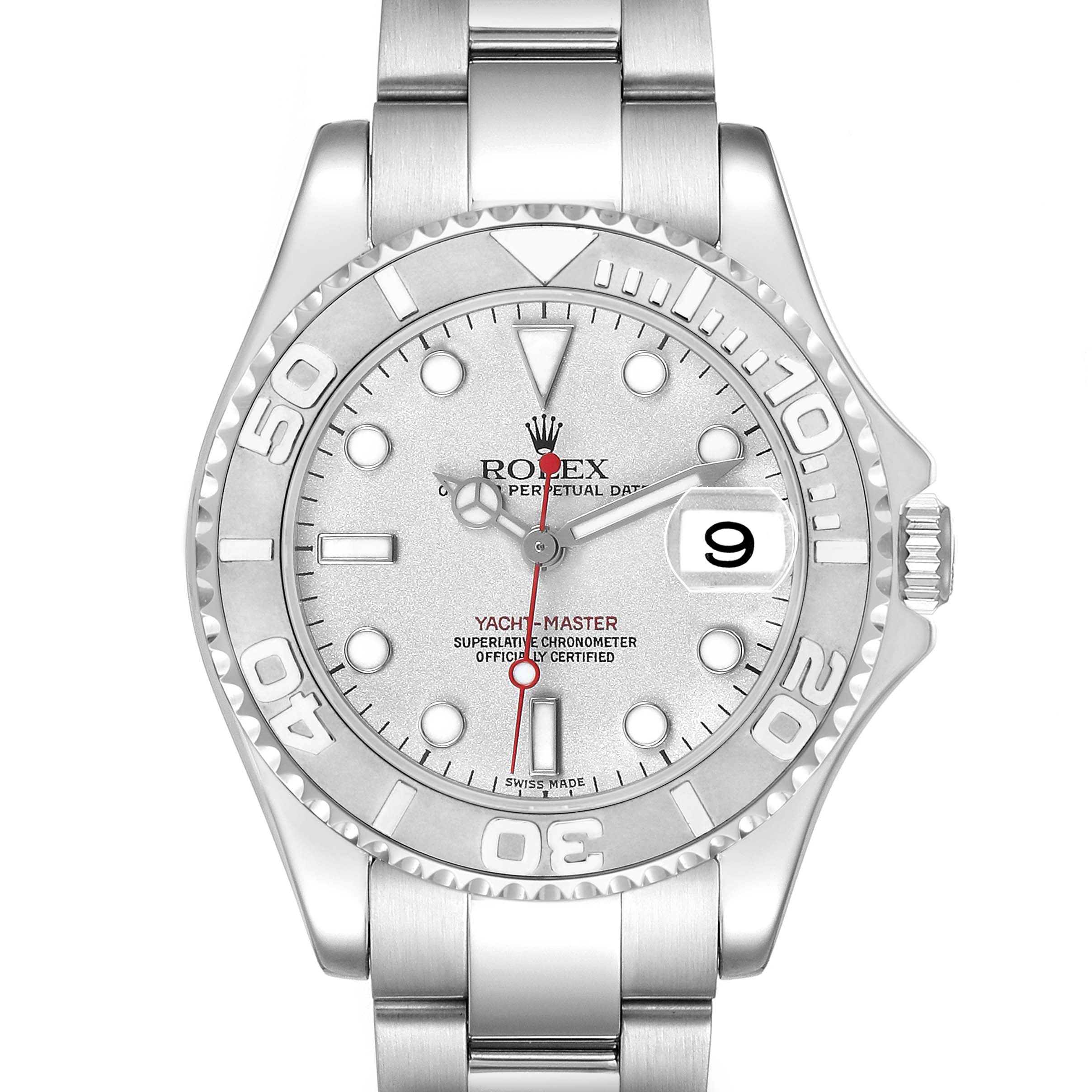 The Rolex Yacht-Master 168622 Men's Stainless Steel Silver Dial watch is shown from a front view, displaying the dial, bezel, hands, and bracelet.