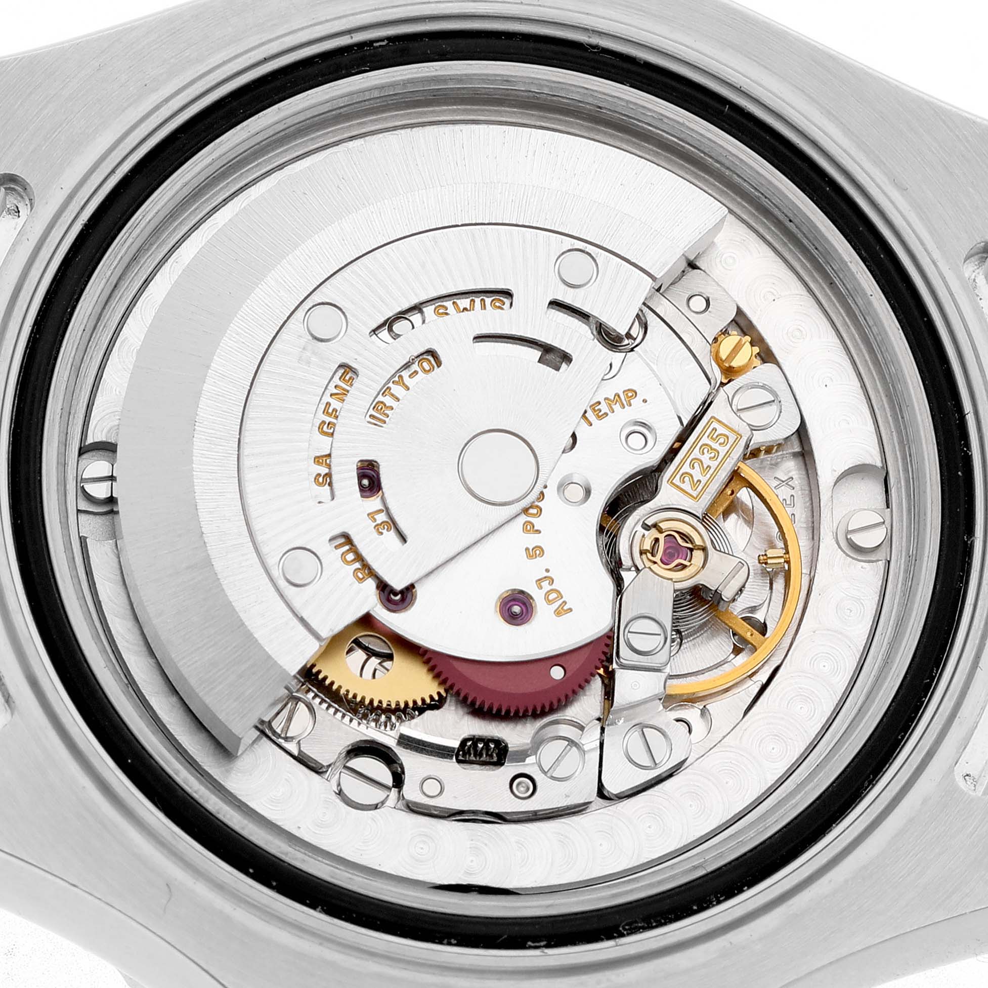 This image shows the Rolex Yacht-Master 168622 Men's Stainless Steel Silver Dial's internal movement components from a rear angle.