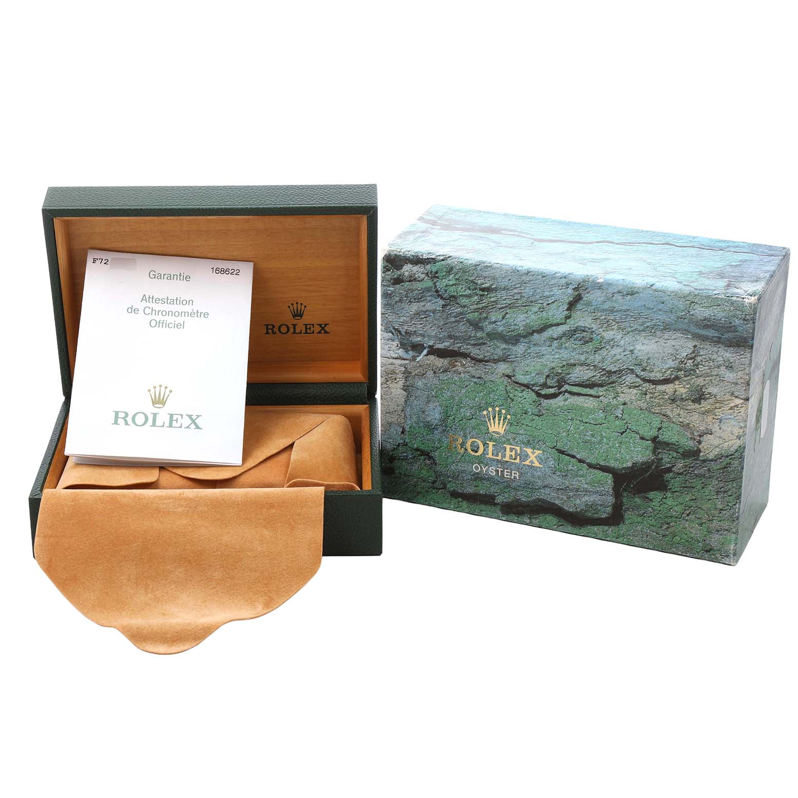 The image shows the open box and warranty paperwork of a Rolex Yacht-Master 168622 Men's Stainless Steel Silver Dial watch.