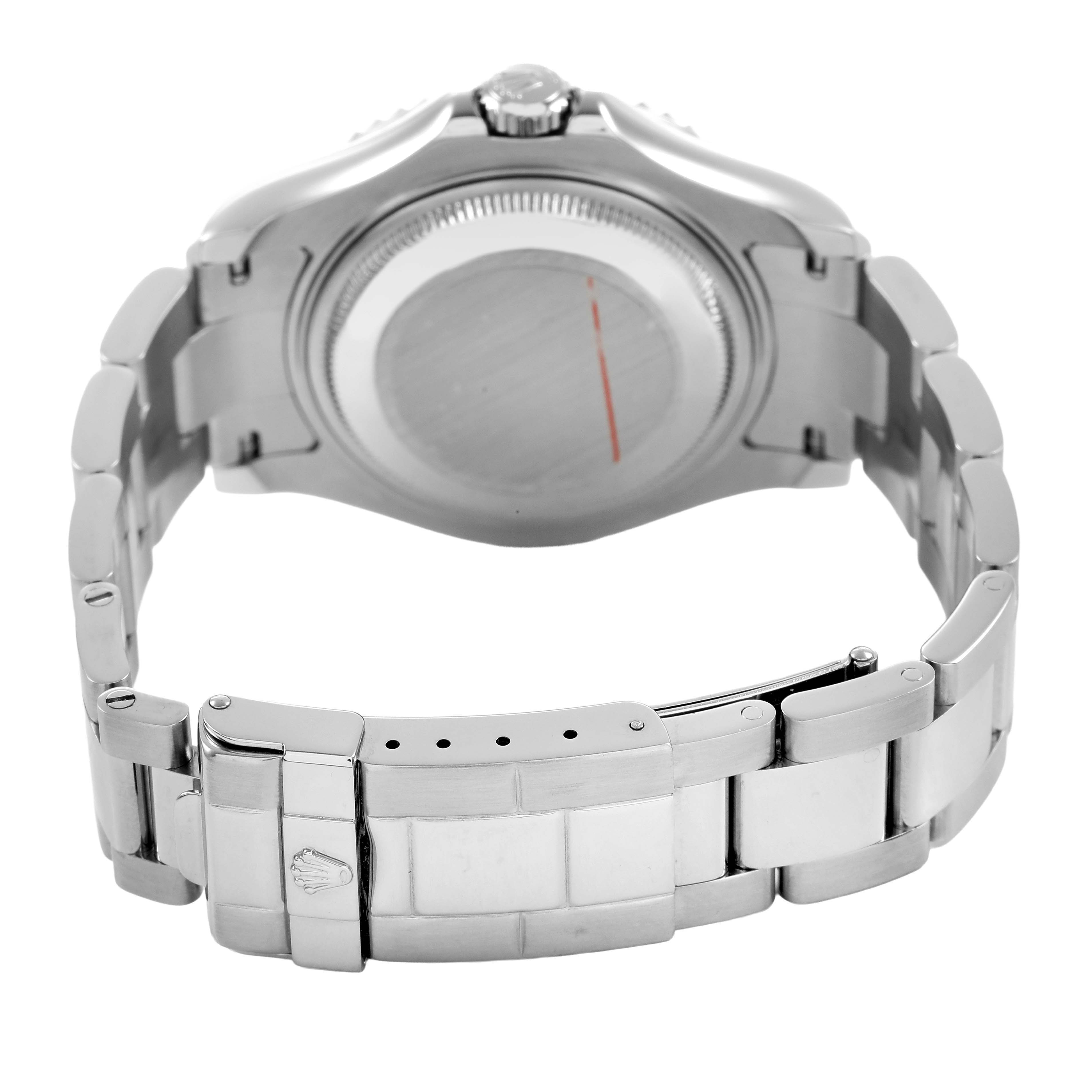 The image shows the back view of a Rolex Yacht-Master 168622 Men's Stainless Steel Silver Dial watch, focusing on the case back and bracelet clasp.