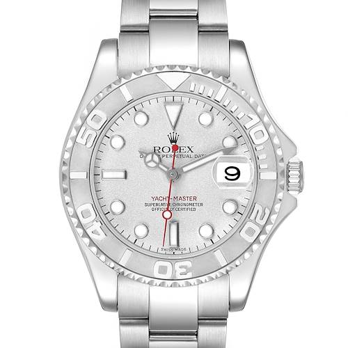 The Rolex Yacht-Master 168622 Men's Stainless Steel Silver Dial watch is shown from a front view, highlighting the dial, bezel, and bracelet.