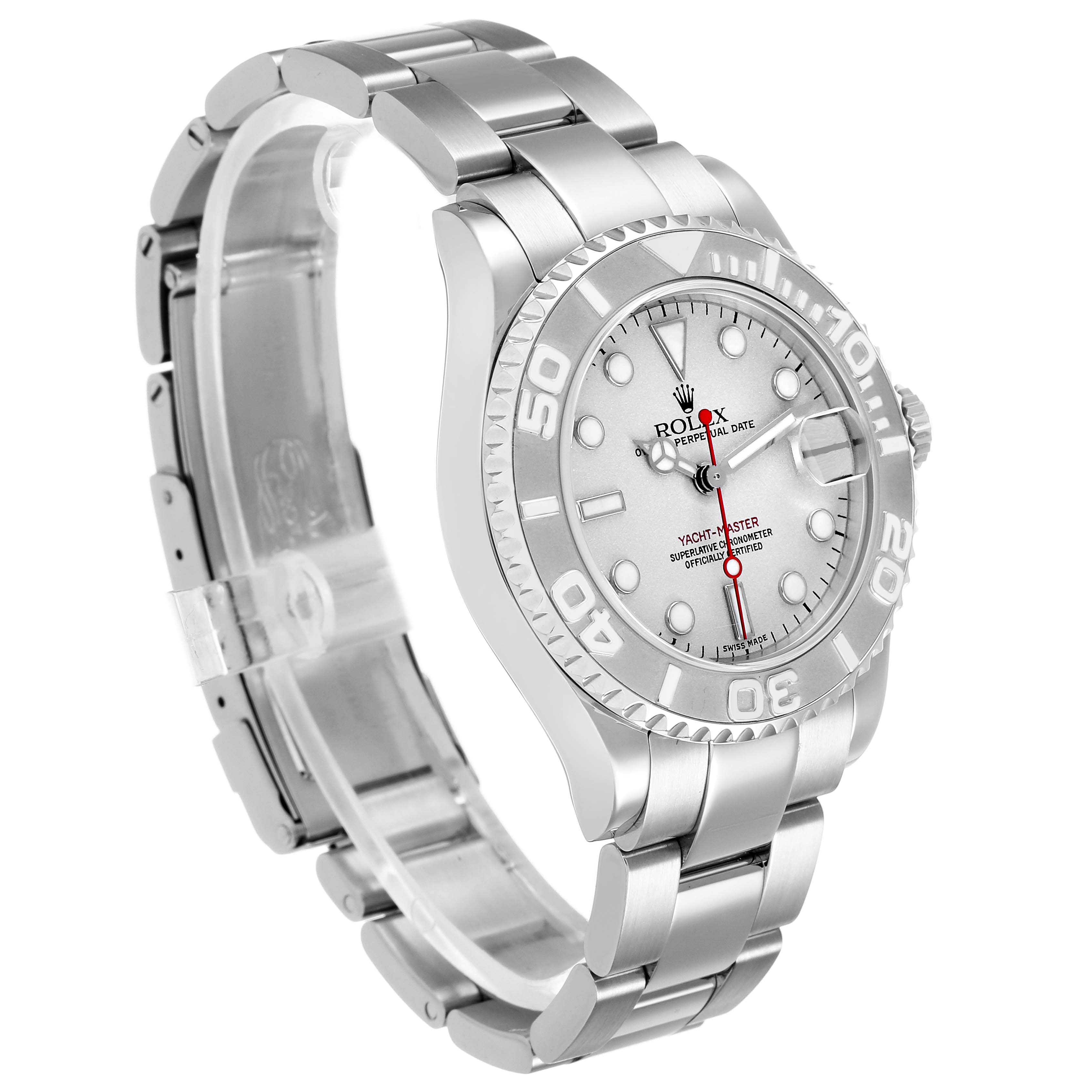 The Rolex Yacht-Master 168622 Men's Stainless Steel Silver Dial watch is shown at an oblique angle, displaying the dial, bezel, and part of the bracelet.
