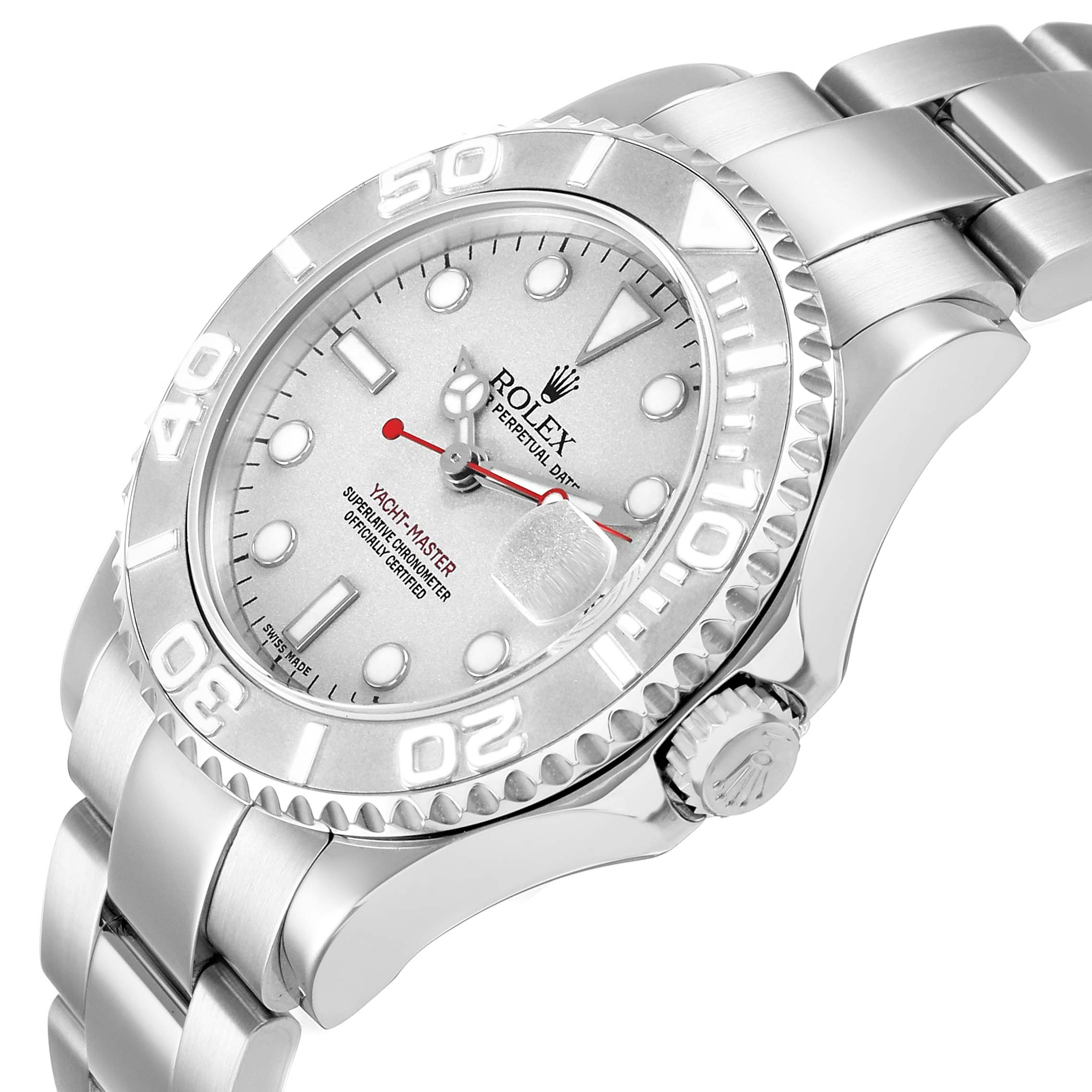 The Rolex Yacht-Master 168622 Men's Stainless Steel Silver Dial watch is shown at a slight angle, highlighting the dial, bezel, bracelet, and crown.