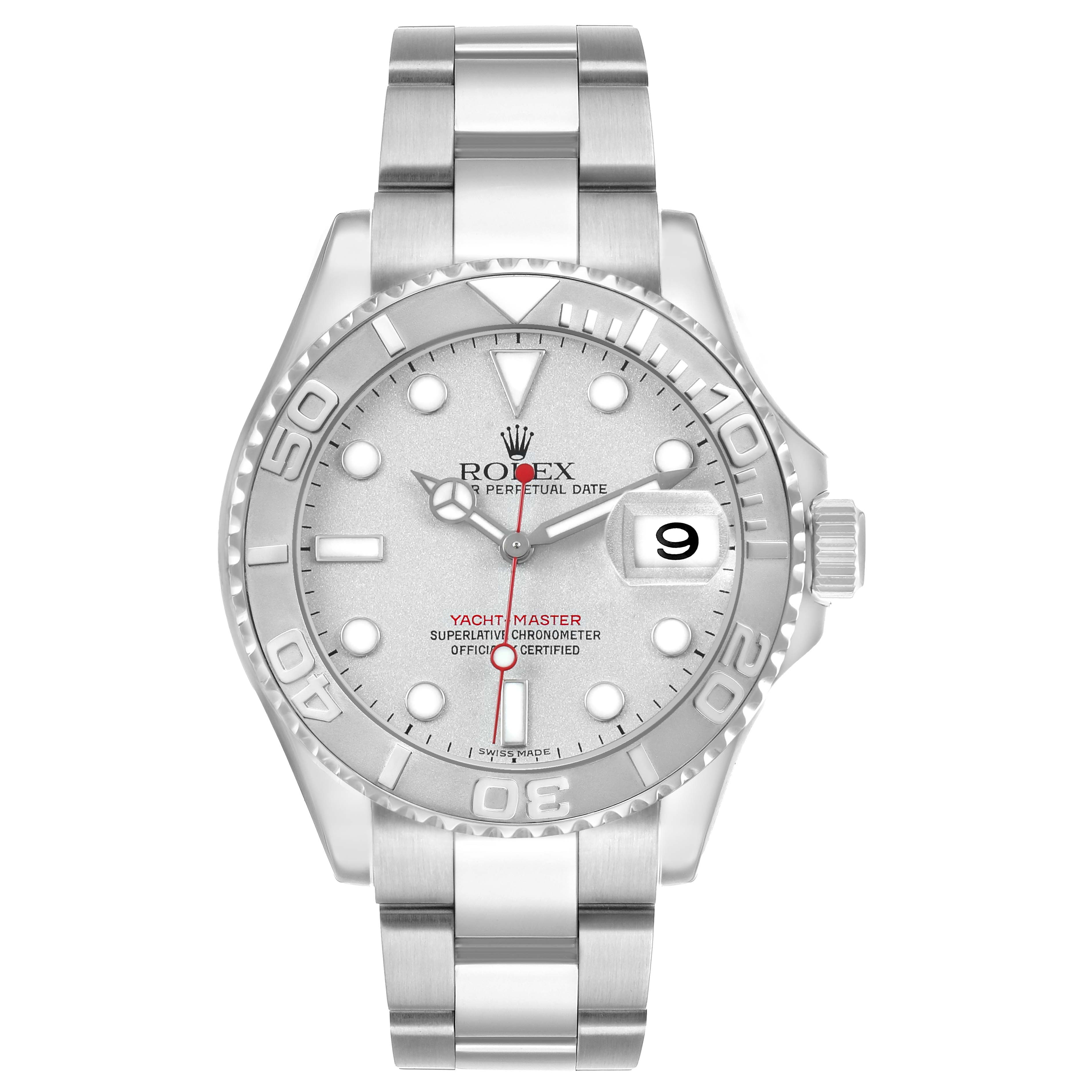 The Rolex Yacht-Master 16622 Men's Stainless Steel Silver Dial watch is shown from a front angle, highlighting the bezel, dial, hands, bracelet, and date window.