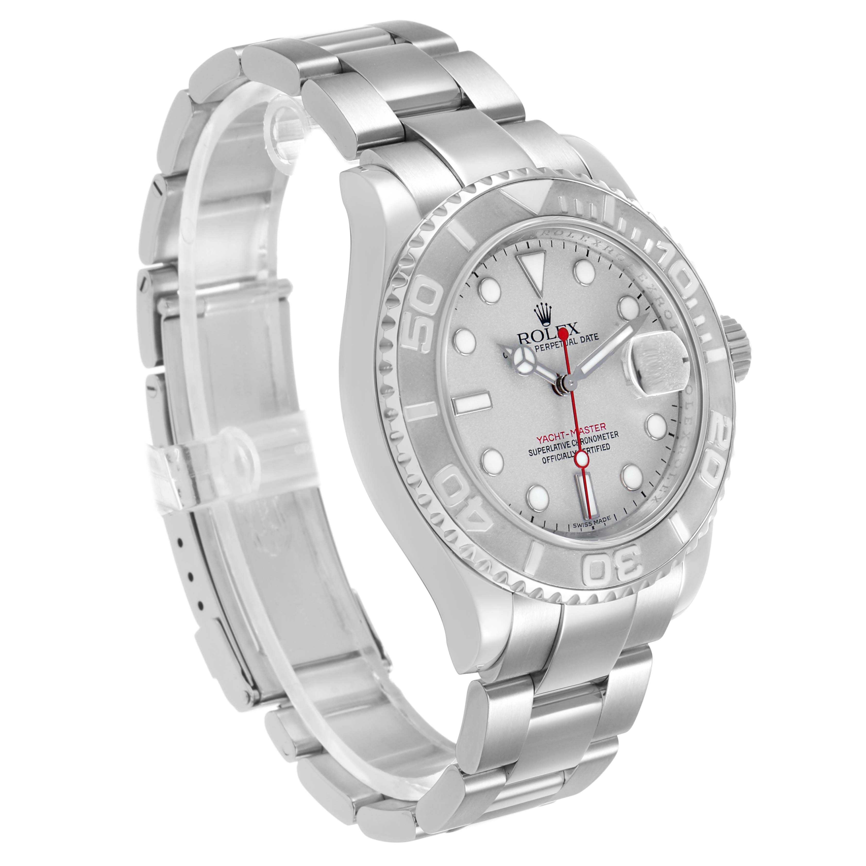 The Rolex Yacht-Master 16622 Men's Stainless Steel Silver Dial watch is shown at a slight angle, highlighting the dial, bezel, and stainless steel bracelet.
