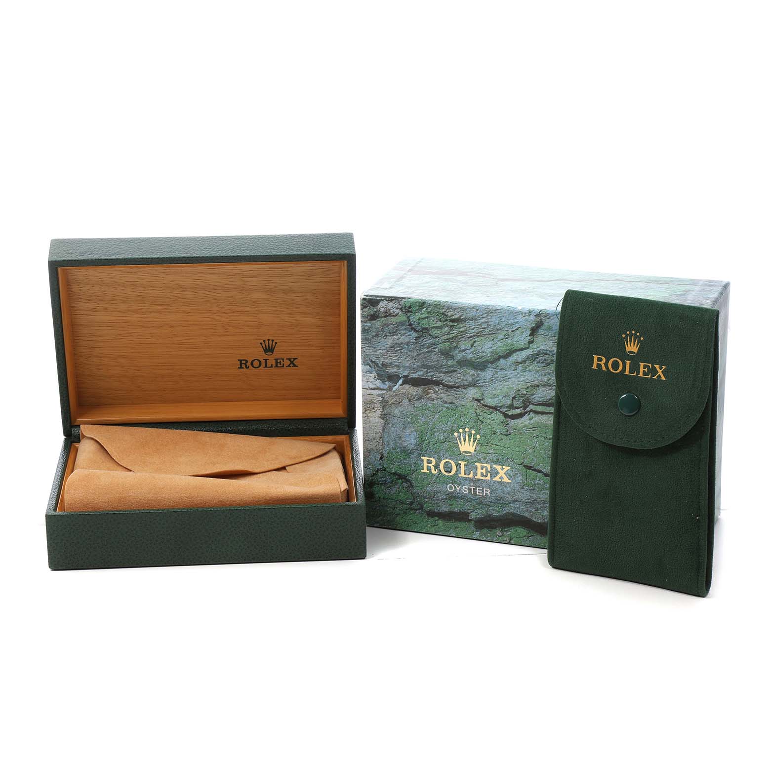 The image shows a Rolex Yacht-Master 16622 Men's Stainless Steel Silver Dial watch box, a green pouch, and an outer box, displayed from a front angle.