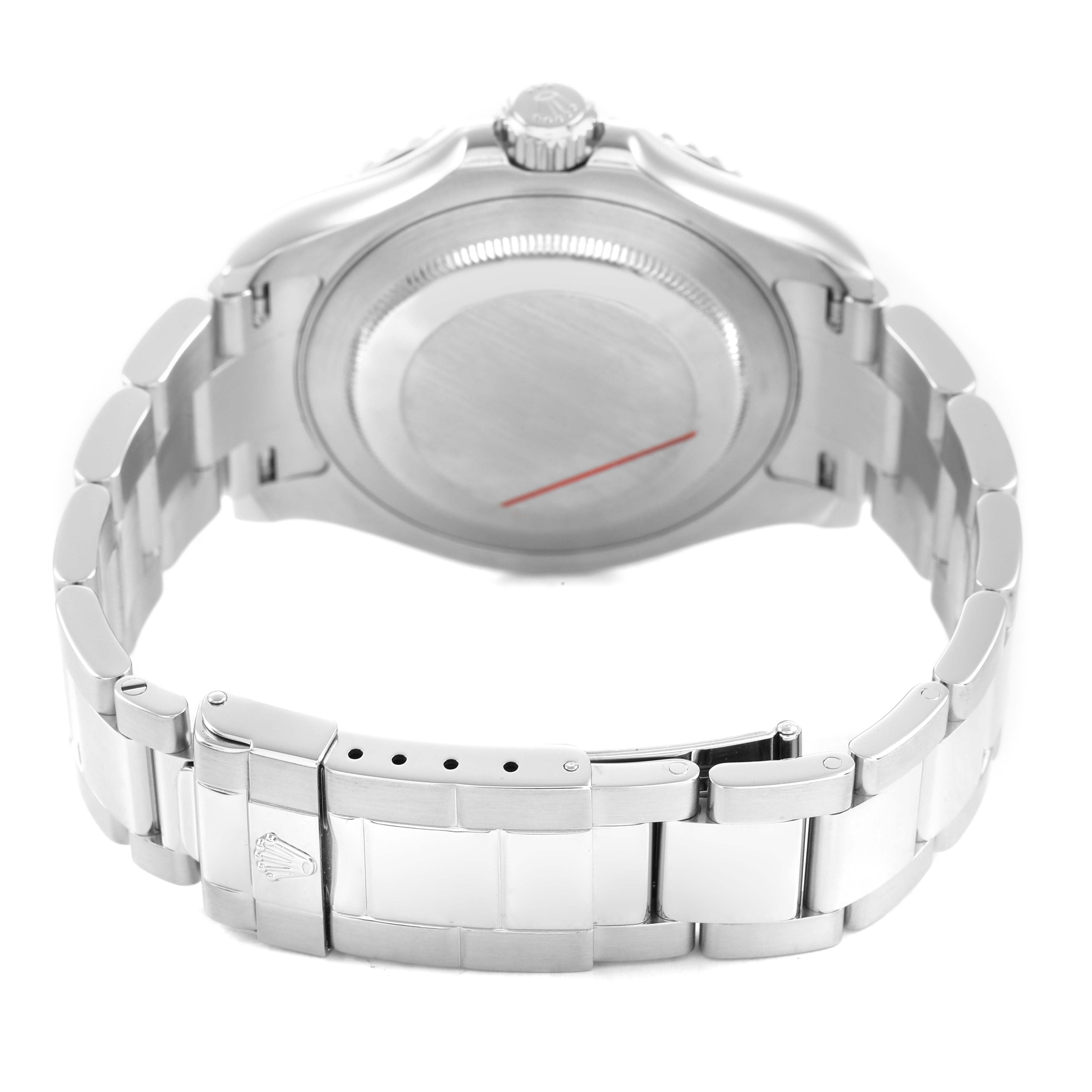The image shows the back view of a Rolex Yacht-Master 16622 Men's Stainless Steel Silver Dial watch, highlighting the case back, bracelet, and clasp.