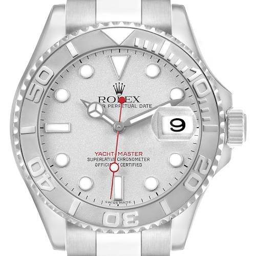The Rolex Yacht-Master 16622 Men's Stainless Steel Silver Dial watch is shown from the front, highlighting its dial, bezel, and date magnification.