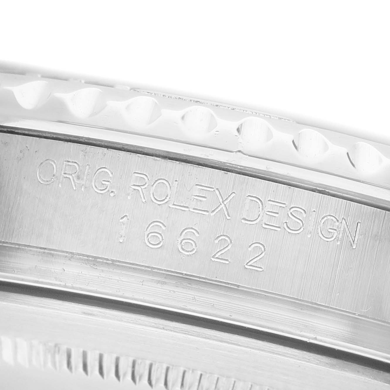 The image shows a close-up of the side of the Rolex Yacht-Master 16622 Men's Stainless Steel Silver Dial, highlighting the engraved model number and design details.
