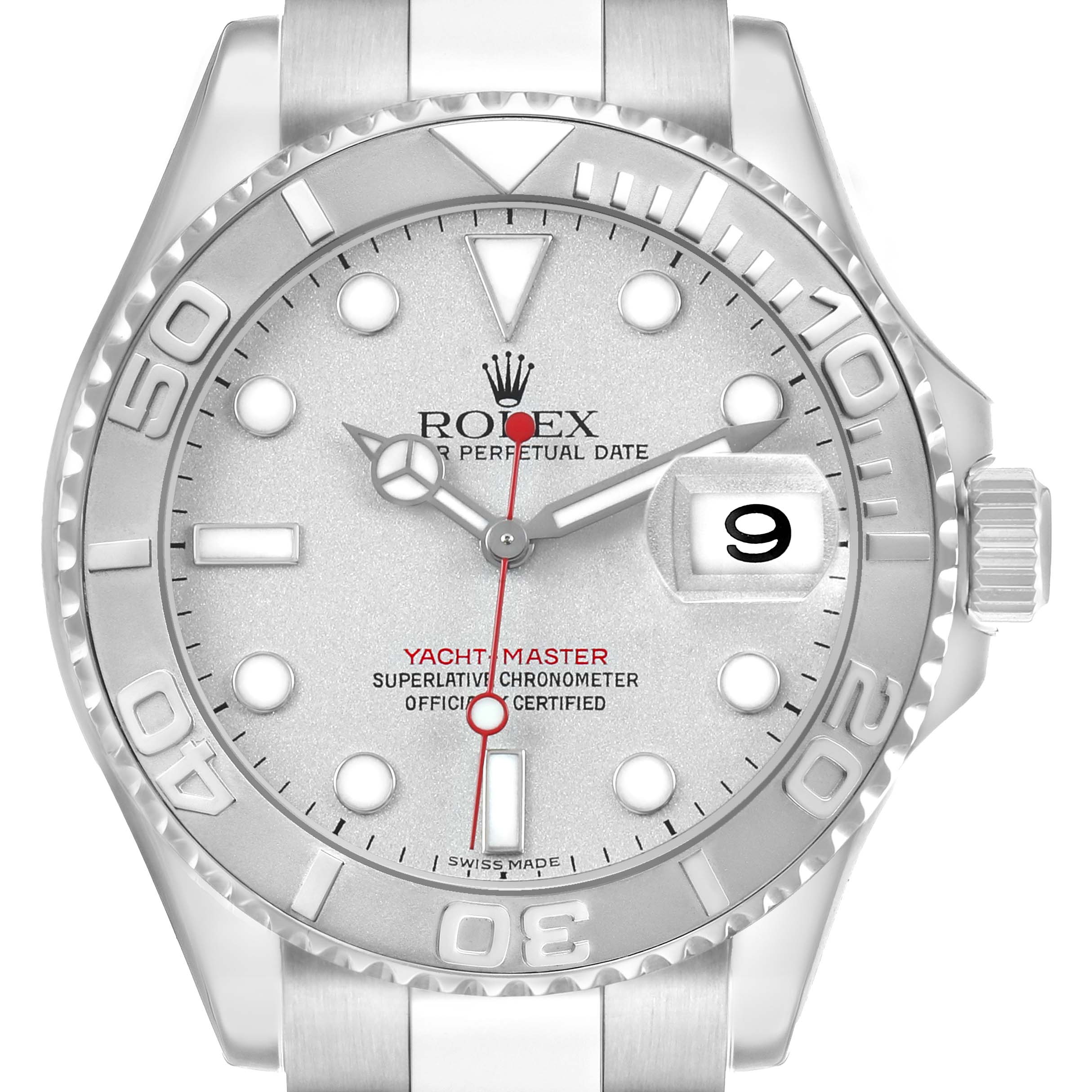 The image shows a front view of a Rolex Yacht-Master 16622 Men's Stainless Steel Silver Dial watch, highlighting the dial, hands, and bezel.