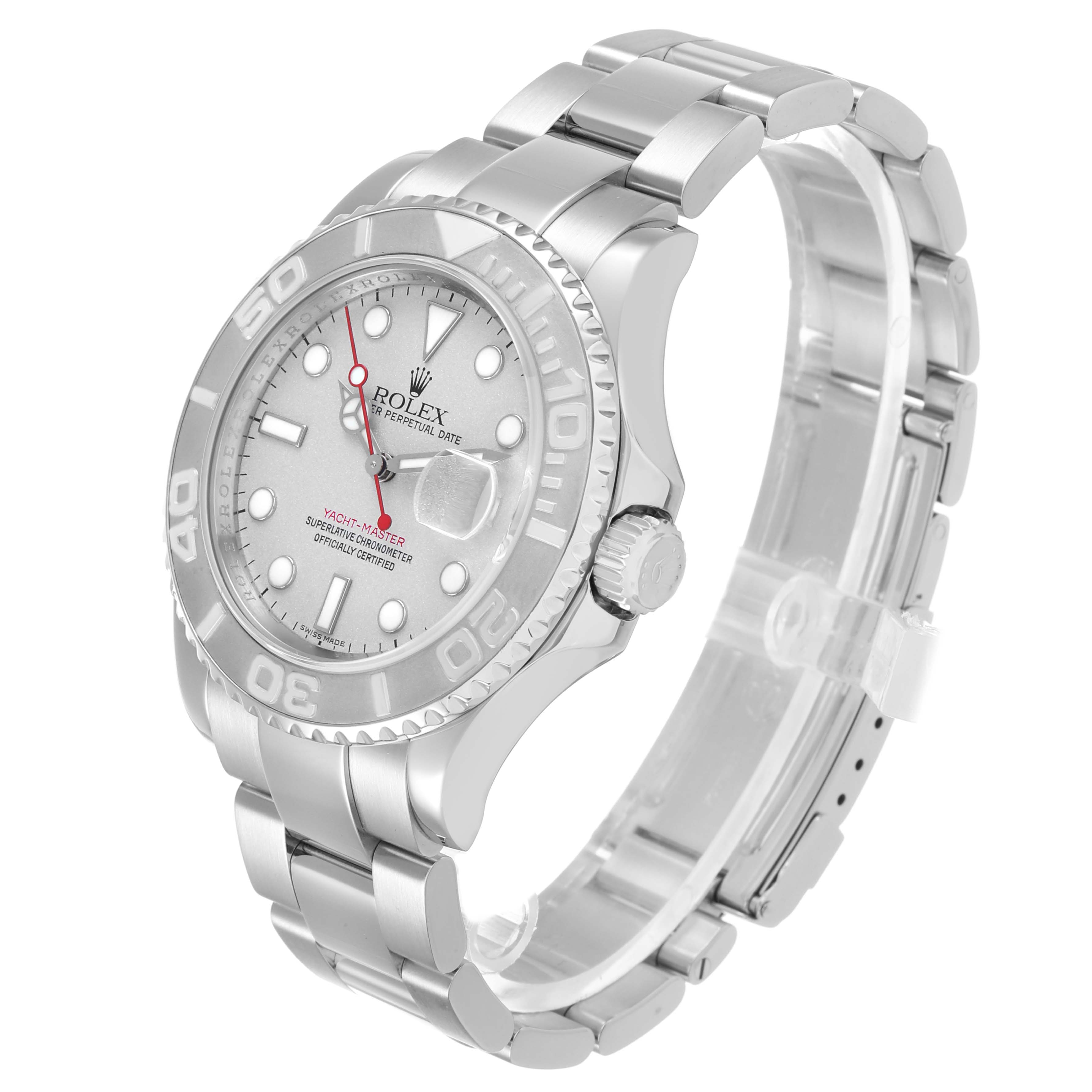 The Rolex Yacht-Master 16622 Men's Stainless Steel Silver Dial watch is shown at a slight angle, displaying the dial, bezel, crown, and bracelet clearly.