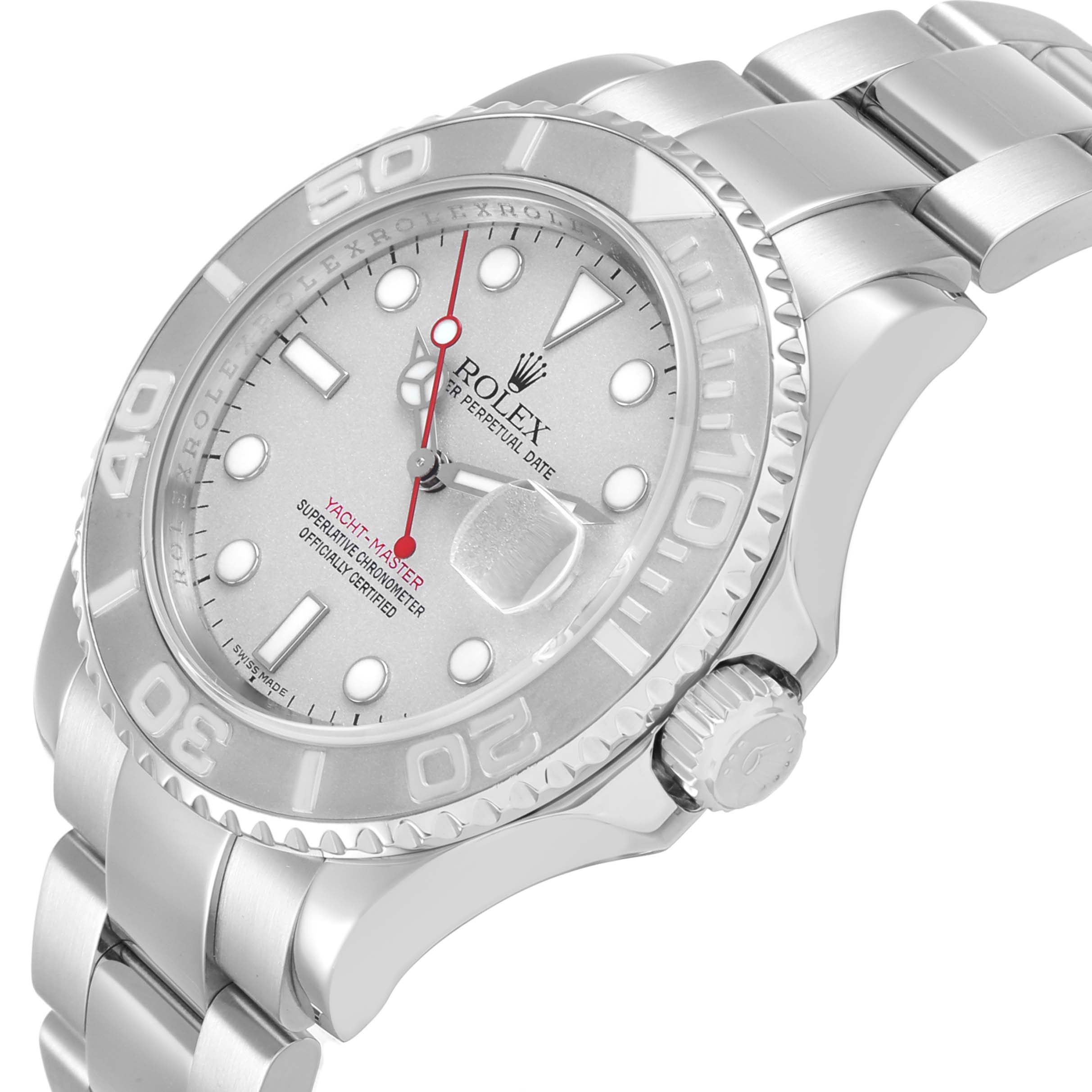 The Rolex Yacht-Master 16622 Men's Stainless Steel Silver Dial watch is shown at a three-quarter angle, highlighting the dial, bezel, crown, and bracelet.