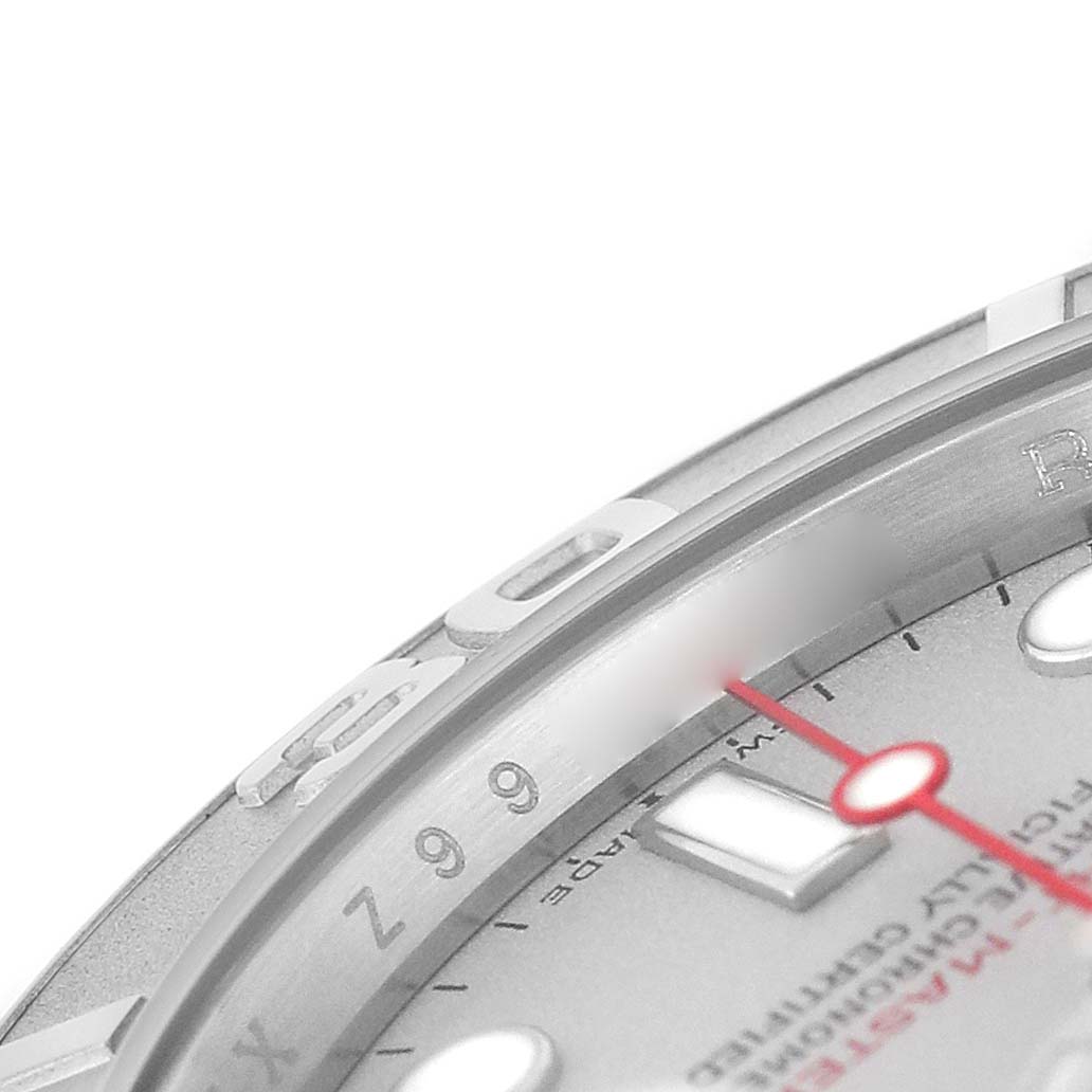 The image shows a close-up angle of the Rolex Yacht-Master 16622 Men's Stainless Steel Silver Dial's bezel, dial, and part of the watch face, highlighting the markers and hands.