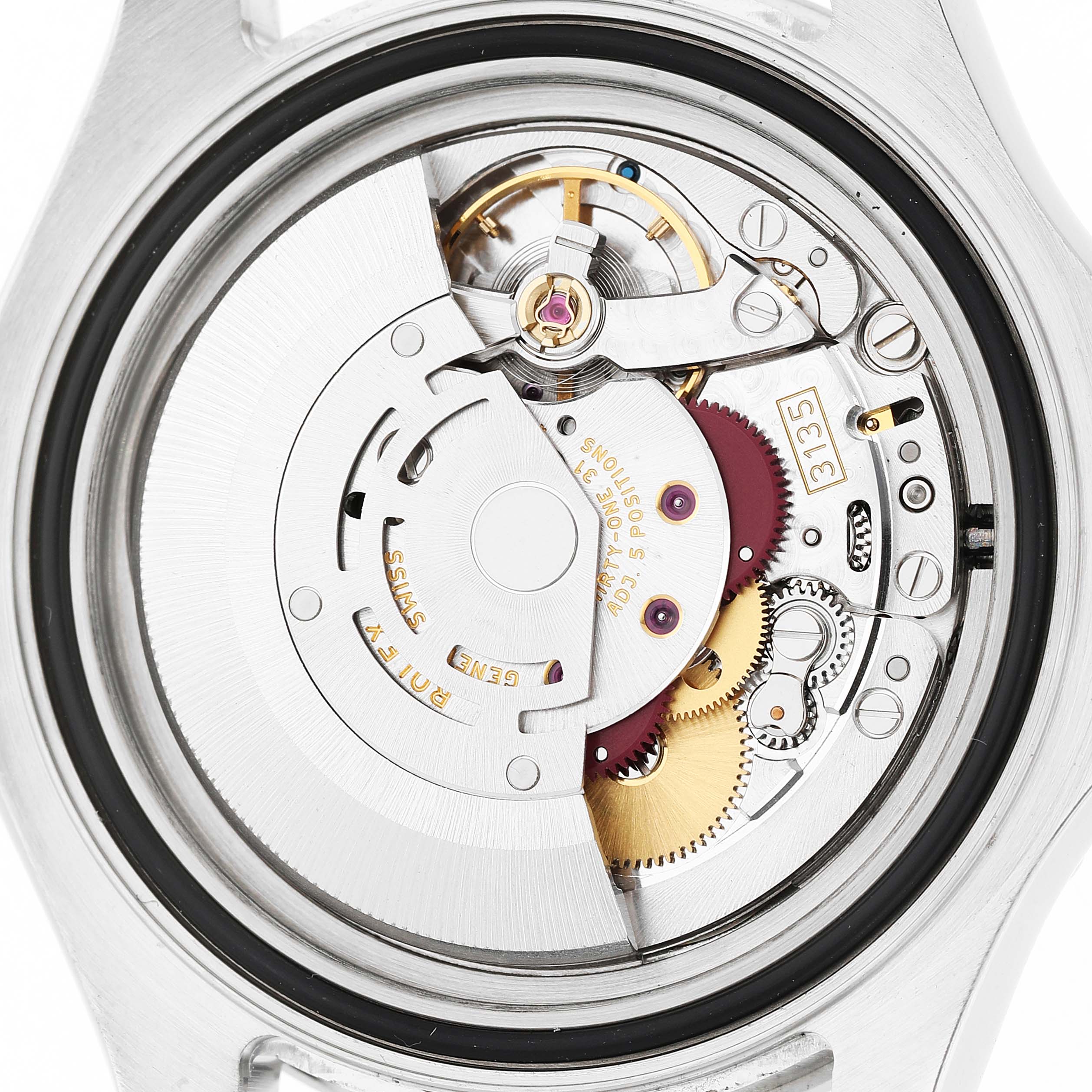 The image shows the movement mechanism of a Rolex Yacht-Master 16622 Men's Stainless Steel Silver Dial watch from a rear angle.