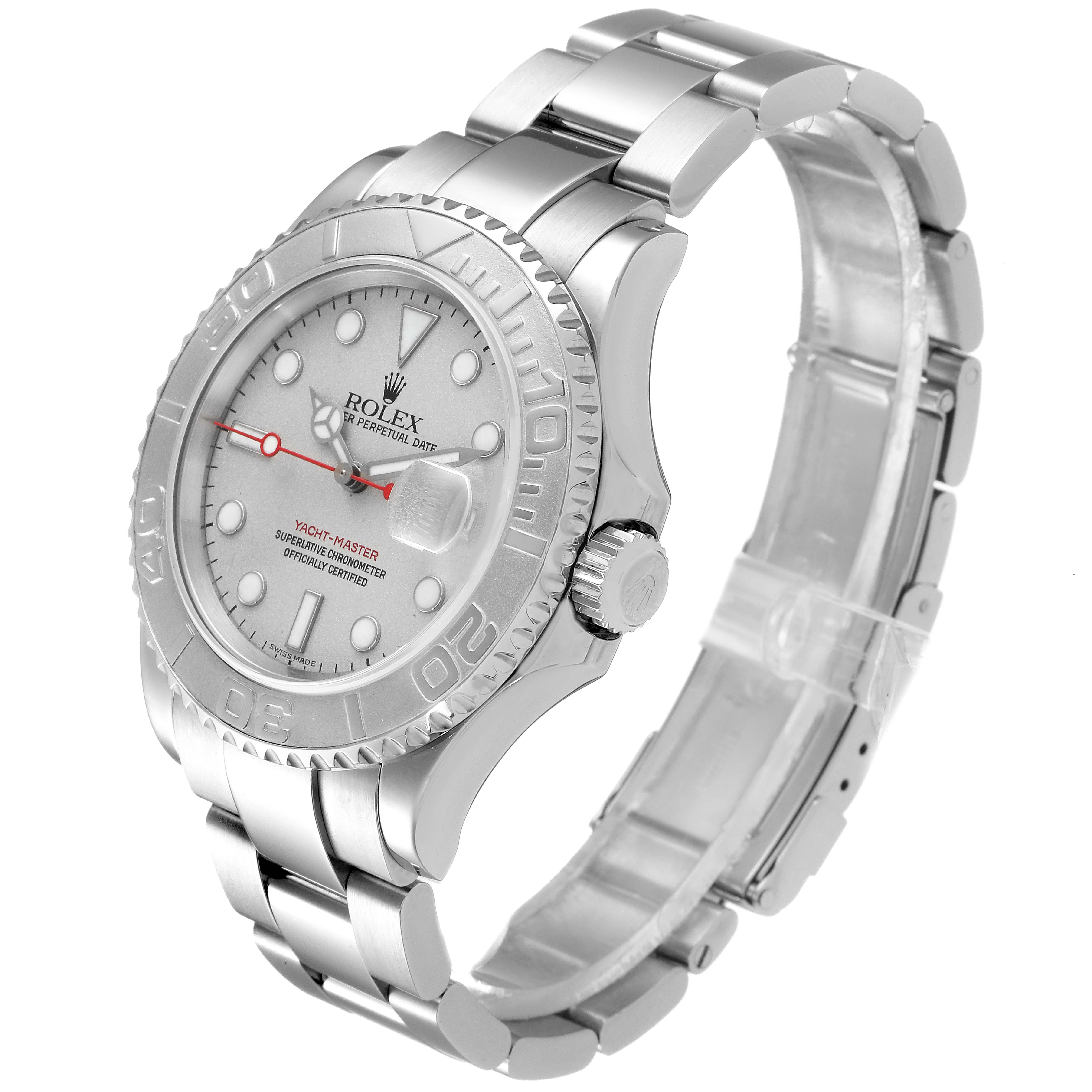 The Rolex Yacht-Master 16622 Men
s Stainless Steel Silver Dial 16622 Men
s Stainless Steel Silver Dial watch is shown at a 3/4 angle, highlighting the face, bezel, and bracelet.
