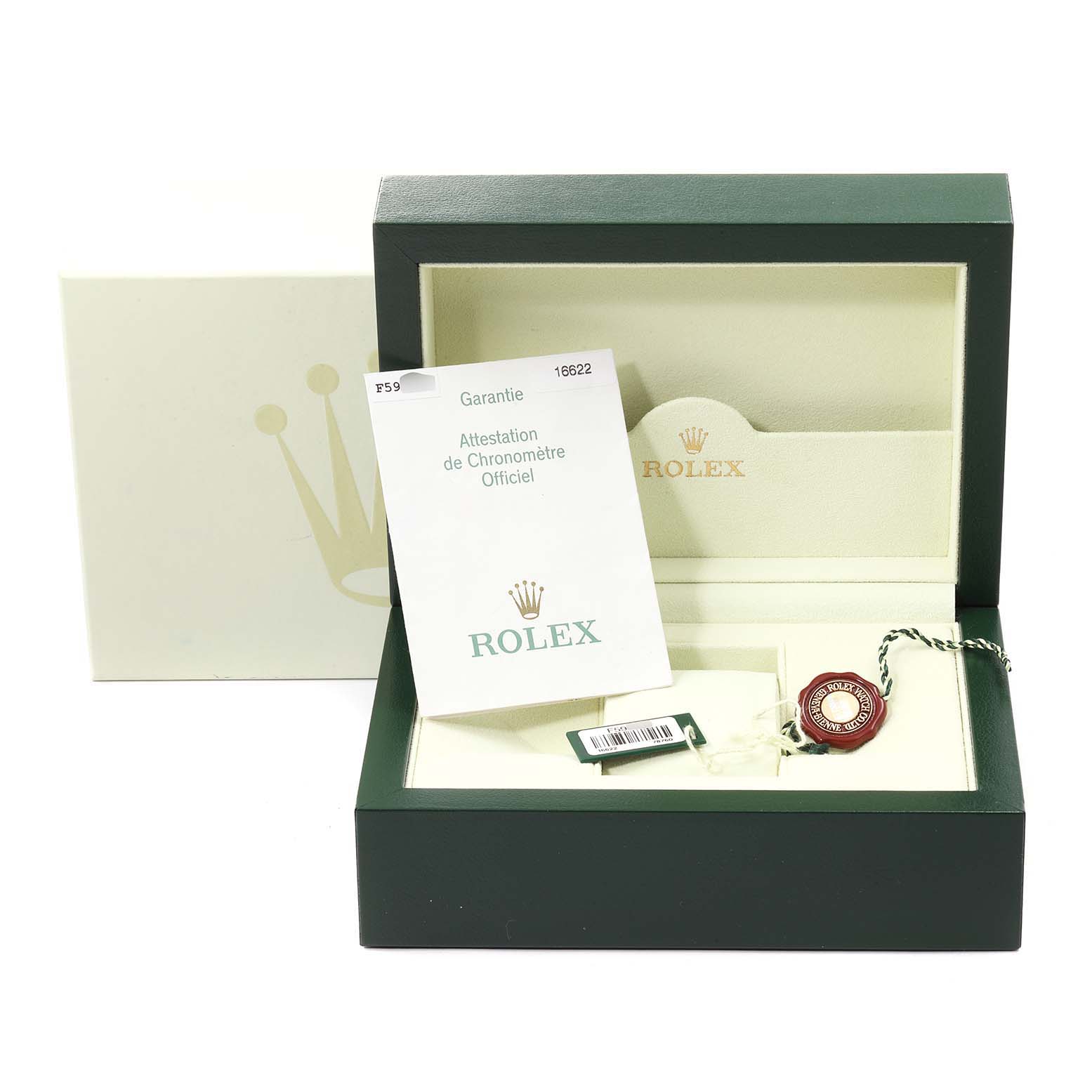 The image shows the open box of a Rolex Yacht-Master 16622 Men
s Stainless Steel Silver Dial 16622 Men
s Stainless Steel Silver Dial watch, including warranty card and accessories.