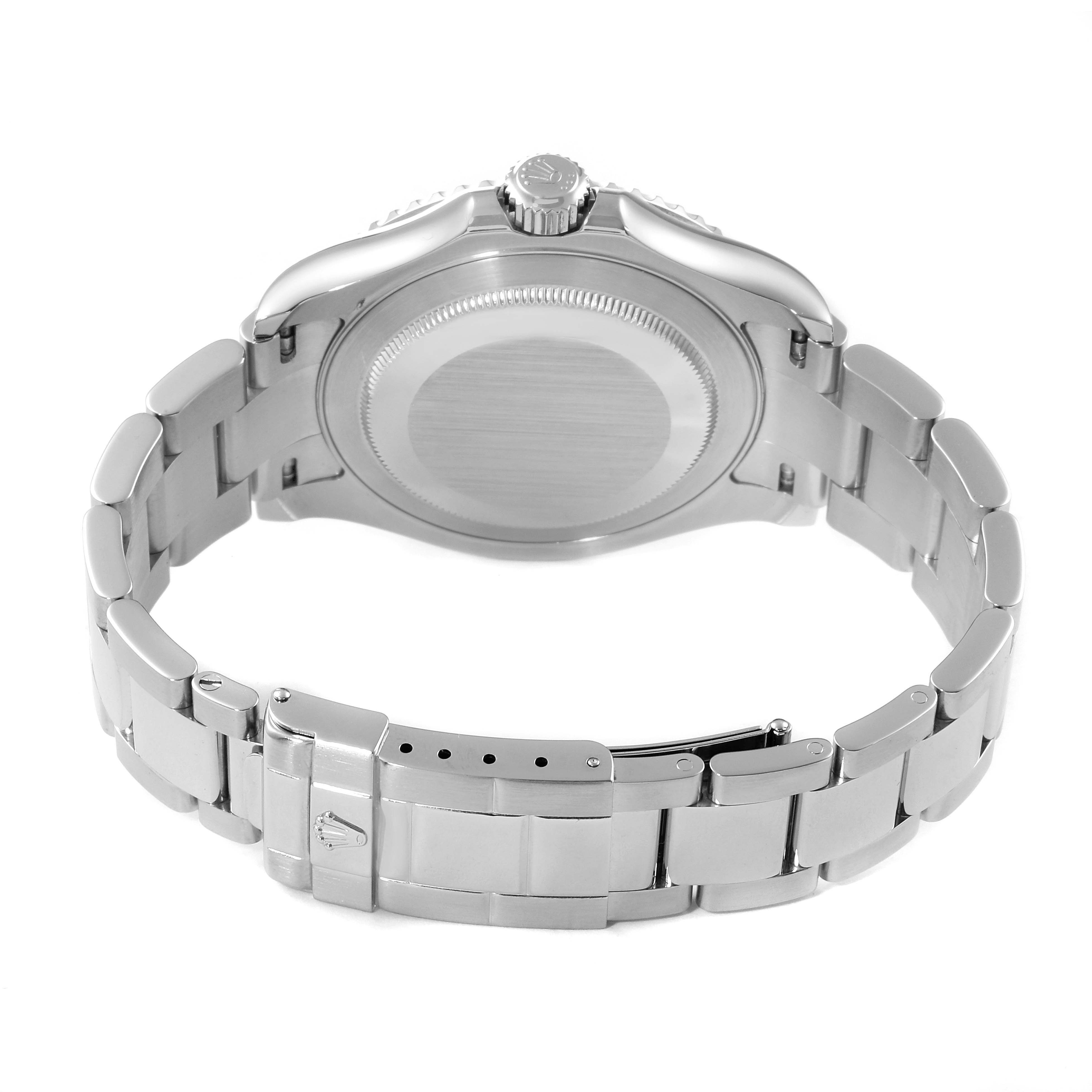 The image shows the back view of the Yacht-Master model by Rolex, highlighting the case back, bracelet, and clasp.