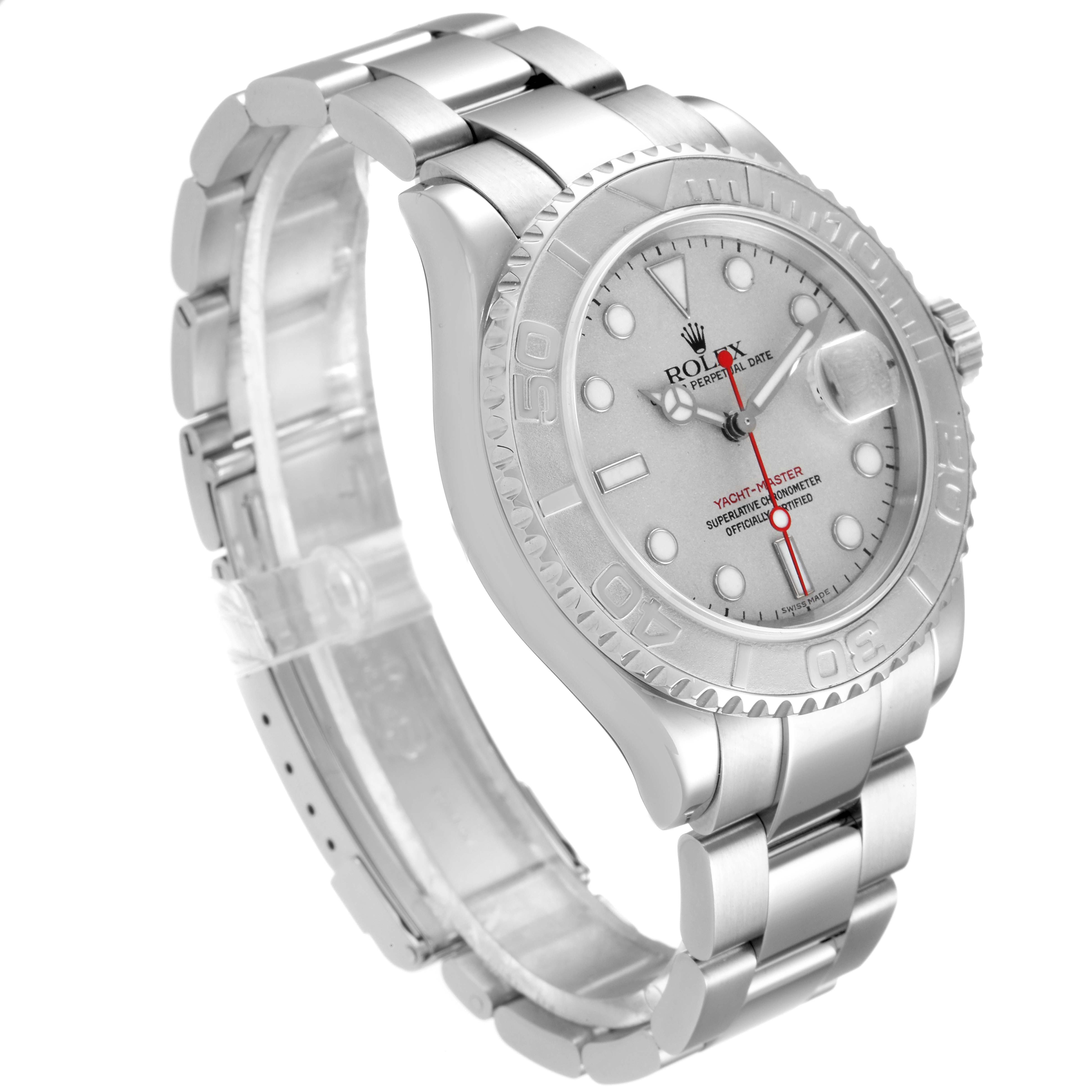 This Rolex Yacht-Master 16622 Men
s Stainless Steel Silver Dial 16622 Men
s Stainless Steel Silver Dial watch is shown at a three-quarter angle, displaying its dial, bezel, and bracelet.