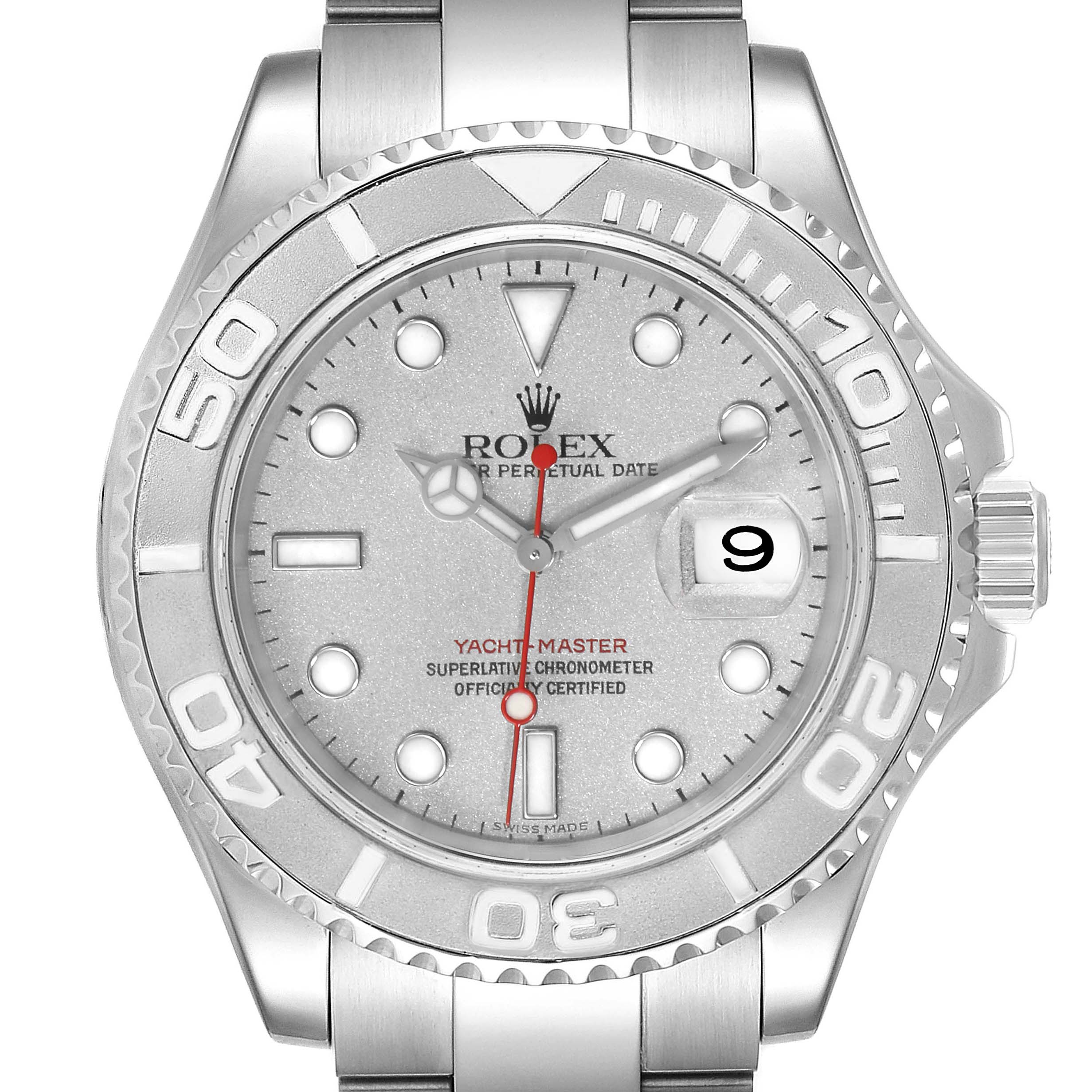 The image shows a front view of the Rolex Yacht-Master 16622 Men
s Stainless Steel Silver Dial 16622 Men
s Stainless Steel Silver Dial watch, highlighting its dial, bezel, and part of the metal bracelet.