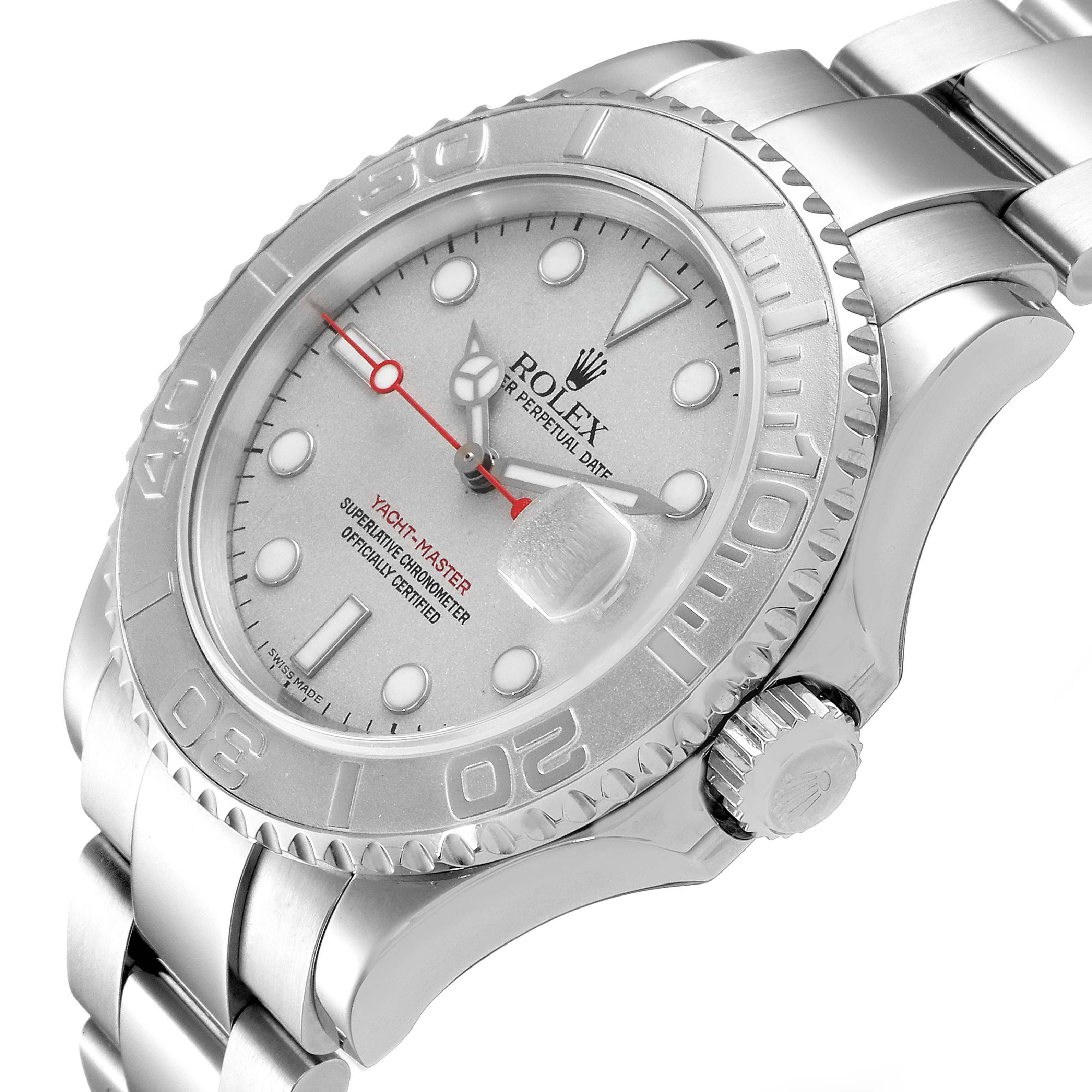 The Rolex Yacht-Master 16622 Men
s Stainless Steel Silver Dial 16622 Men
s Stainless Steel Silver Dial watch is shown at a slight angle, displaying the face, bezel, crown, and part of the bracelet.