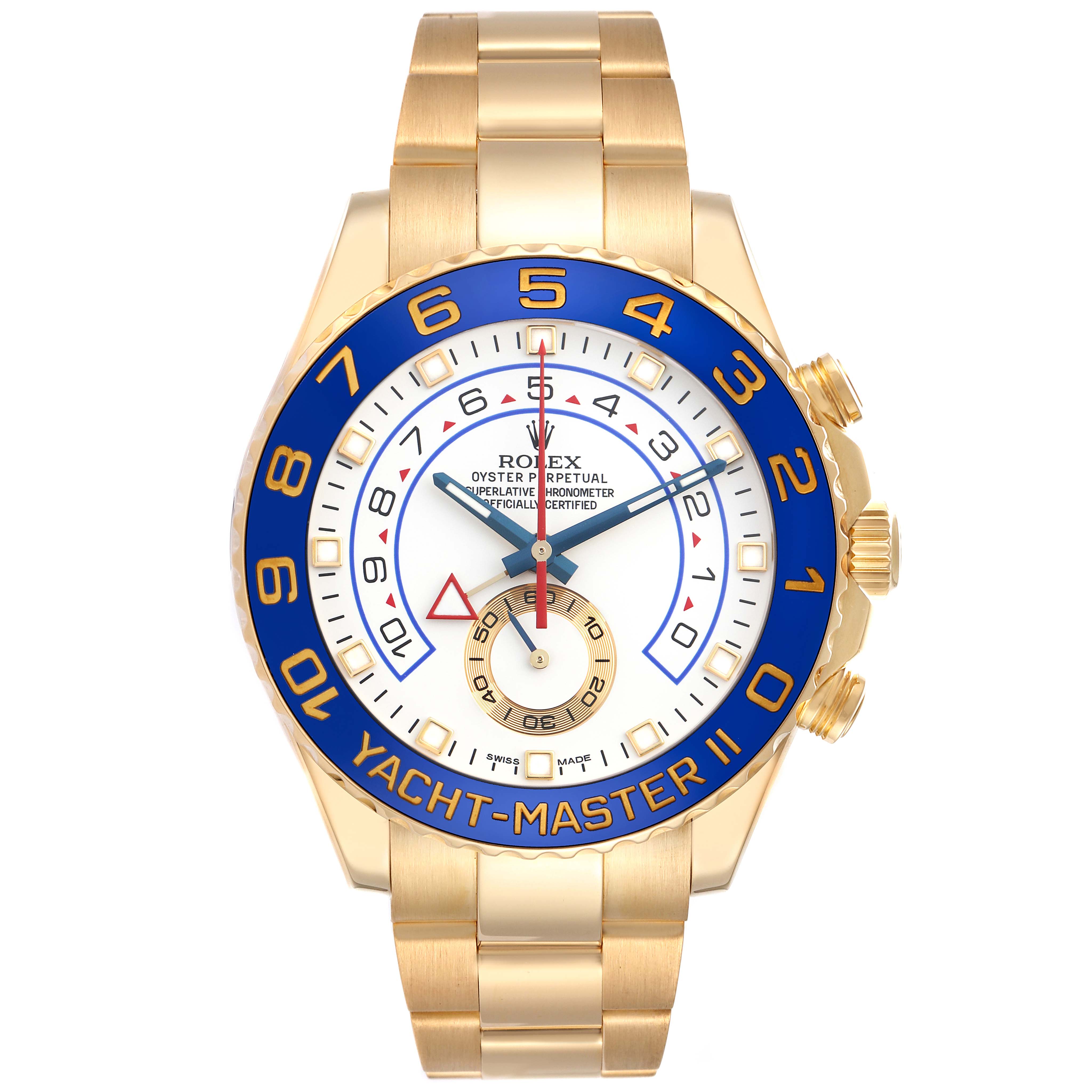 The Rolex Yacht-Master 116688 Men
s Yellow Gold White Dial 116688 Men
s Yellow Gold White Dial watch is shown from the front, highlighting its face, bezel, and bracelet.