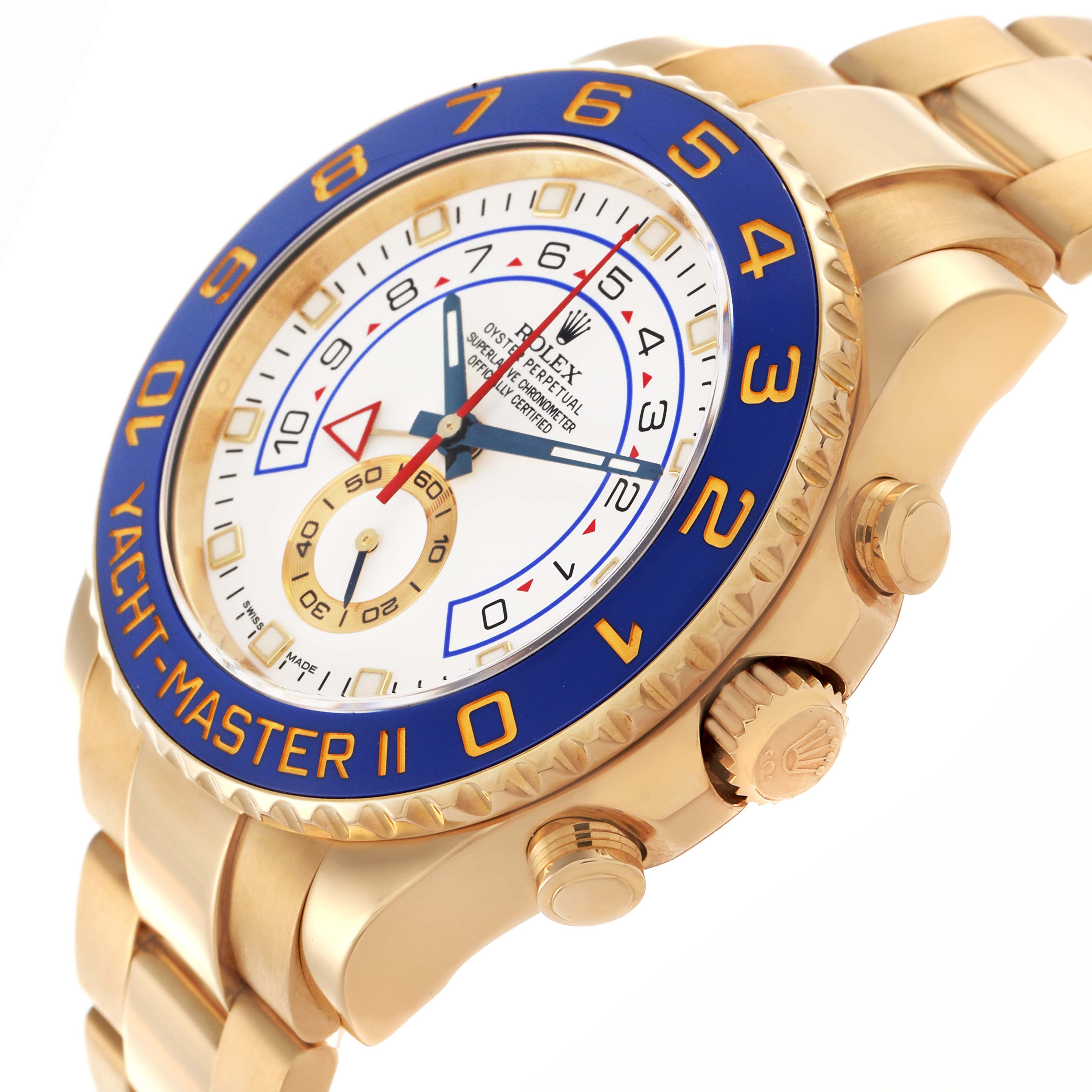 The Rolex Yacht-Master 116688 Men
s Yellow Gold White Dial 116688 Men
s Yellow Gold White Dial II is shown at an angled side view, displaying the bezel, crown, and part of the band.