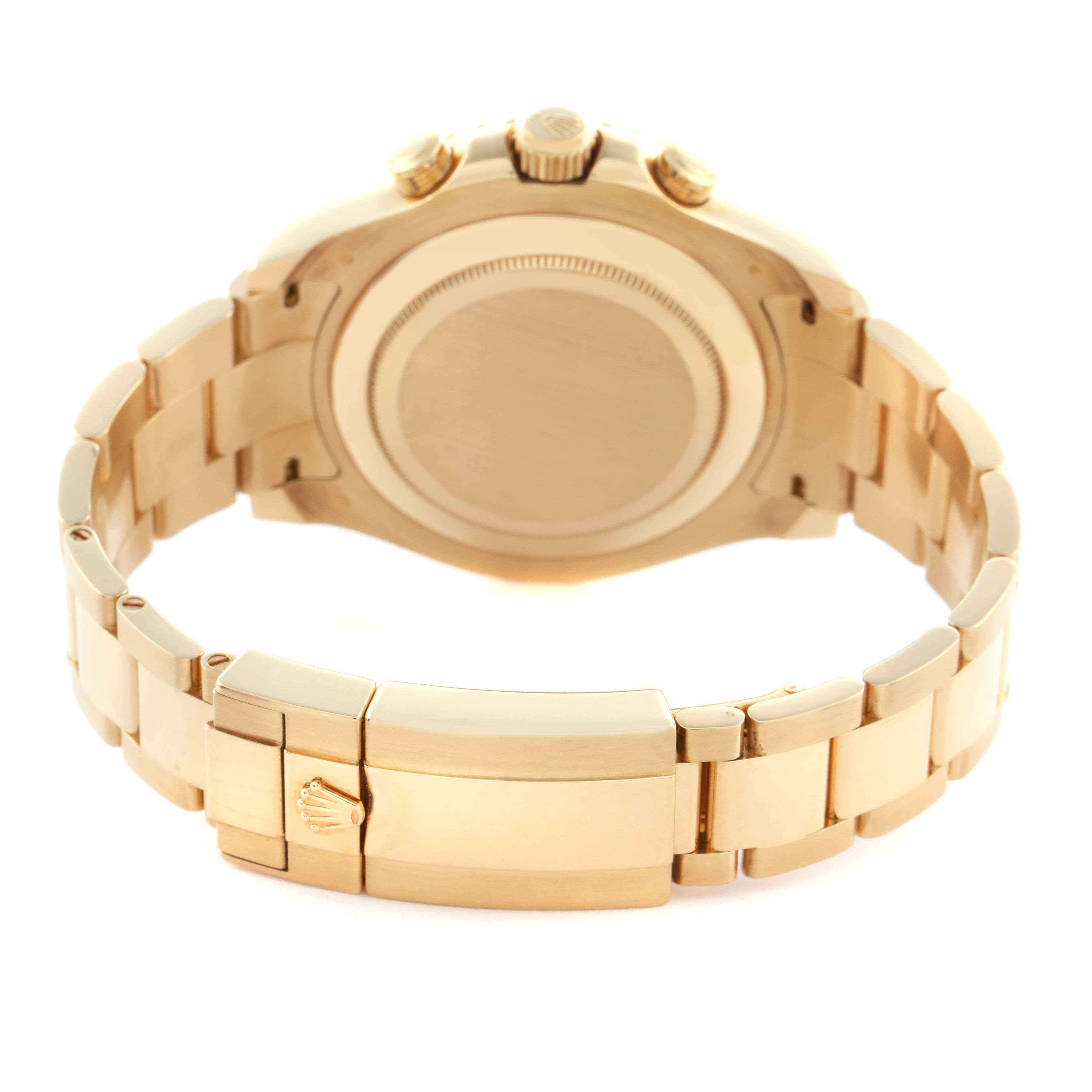 This image shows the back and clasp of a Rolex Yacht-Master 116688 Men
s Yellow Gold White Dial 116688 Men
s Yellow Gold White Dial watch, highlighting its bracelet and caseback.