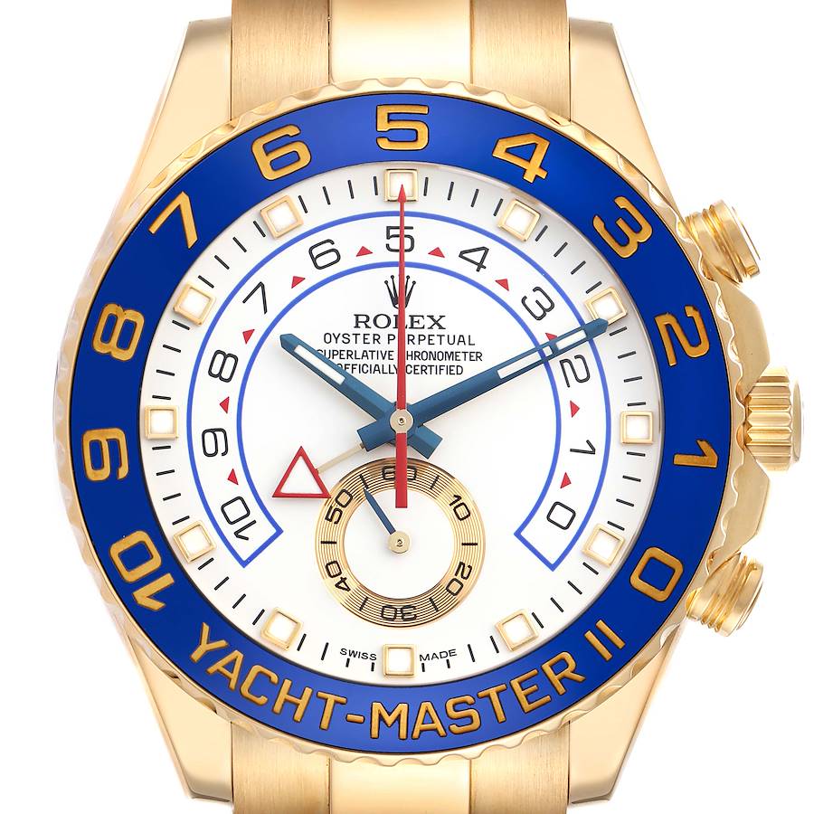 The Rolex Yacht-Master watch is shown from a front angle, highlighting the dial, bezel, and part of the bracelet.