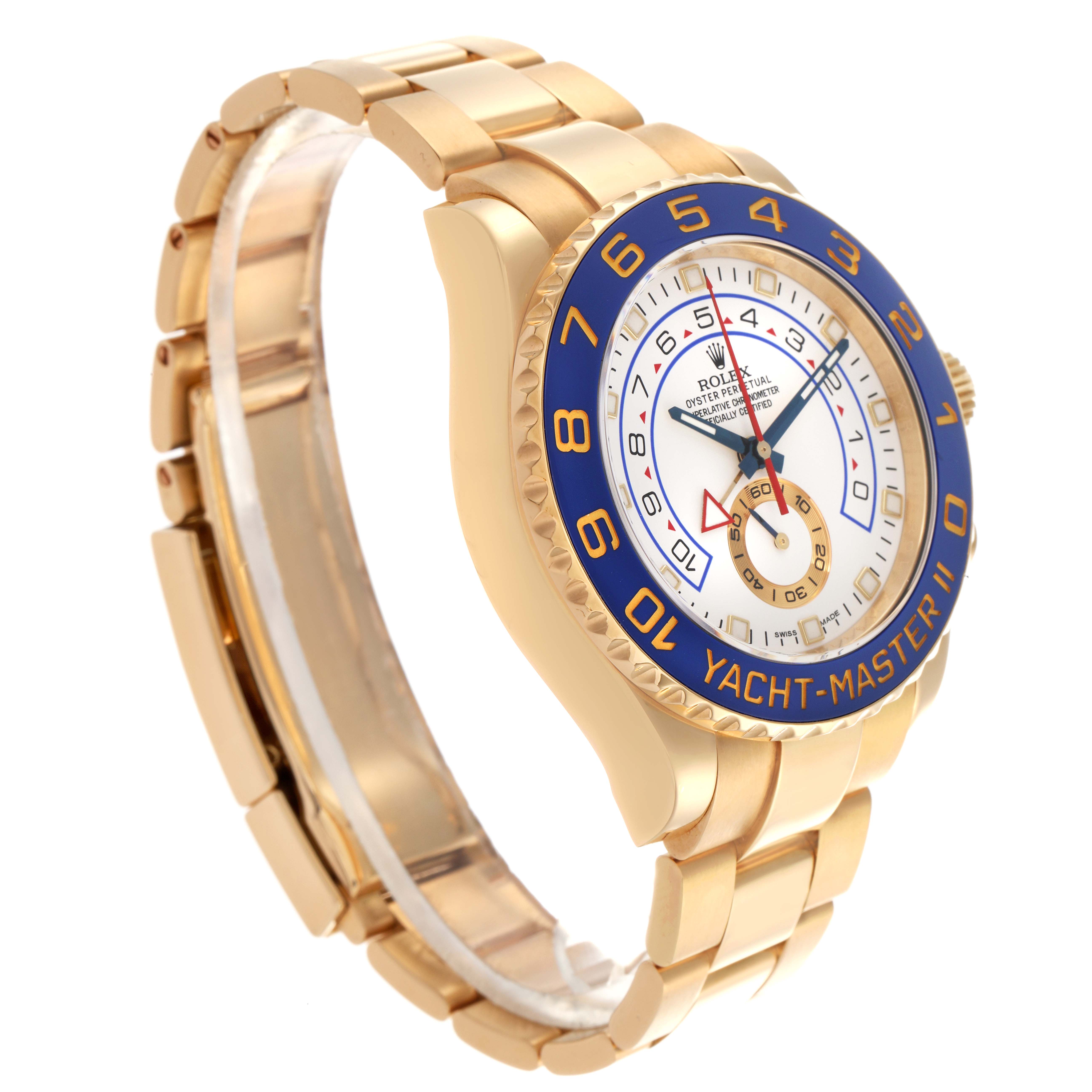 The image shows a Rolex Yacht-Master 116688 Men
s Yellow Gold White Dial 116688 Men
s Yellow Gold White Dial II at a three-quarter angle, highlighting the bezel, face, and bracelet.