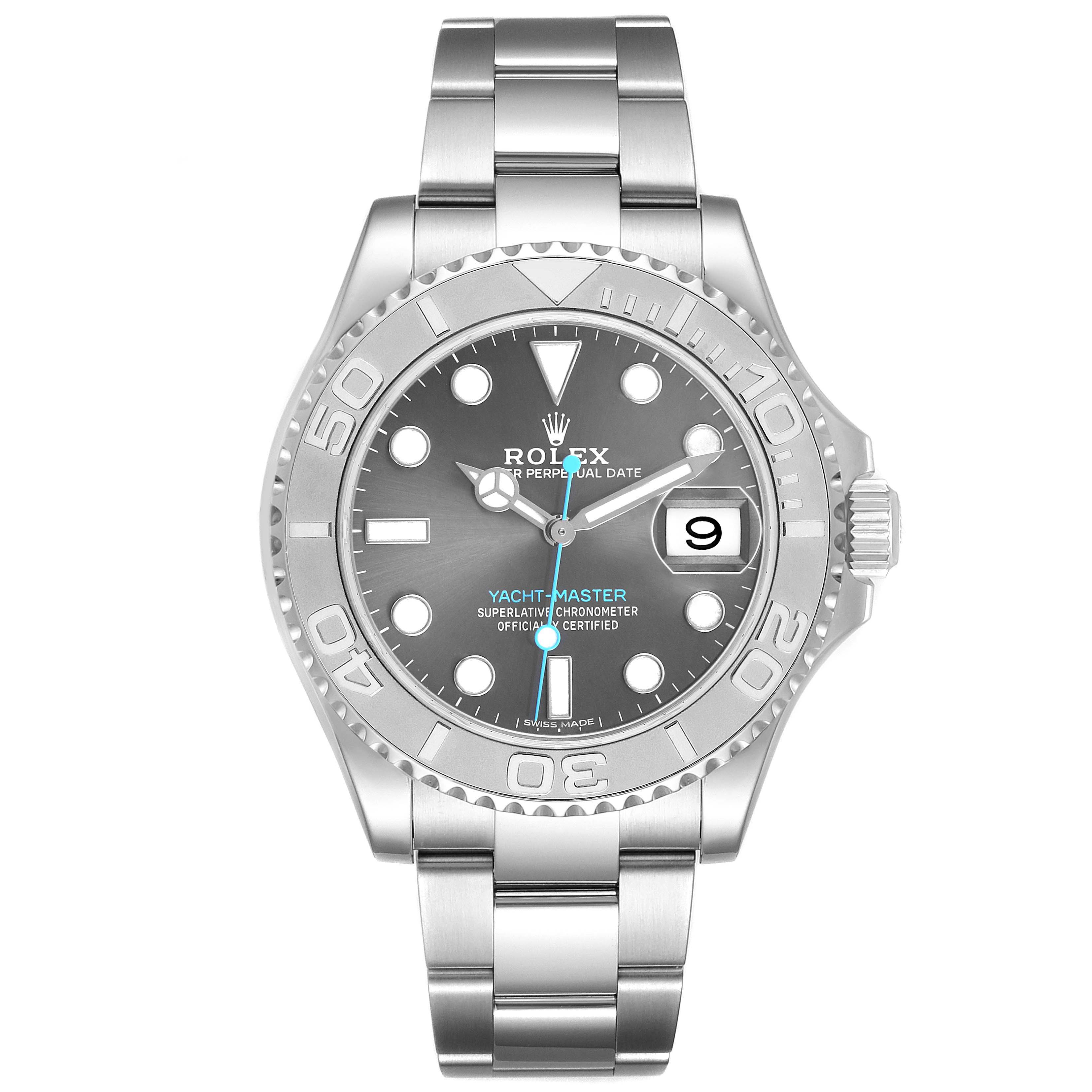 The Rolex Yacht-Master 116622 Men's Stainless Steel Silver Dial is shown from the front, displaying the dial, bezel, bracelet, and date window.