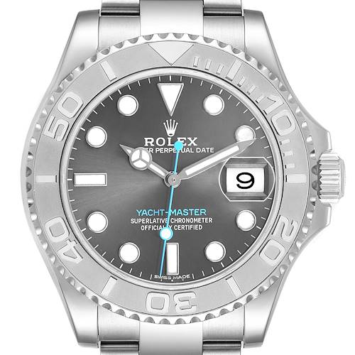 The Rolex Yacht-Master 116622 Men's Stainless Steel Silver Dial watch is shown from a top-down angle, highlighting the gray dial, luminescent markers, and rotating bezel.