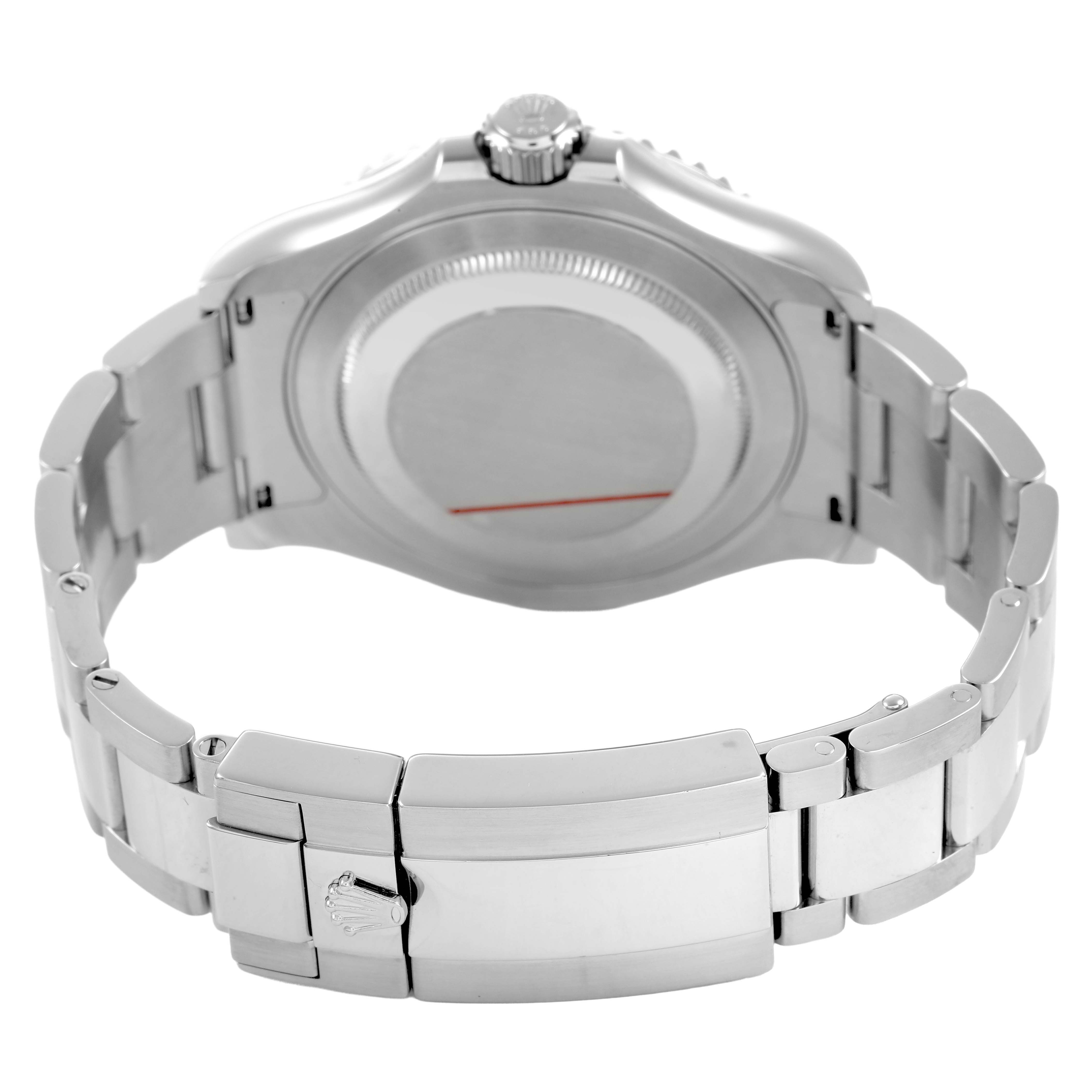 The image shows the back and clasp of a Rolex Yacht-Master 116622 Men's Stainless Steel Silver Dial watch, highlighting the bracelet and case back from a rear angle.