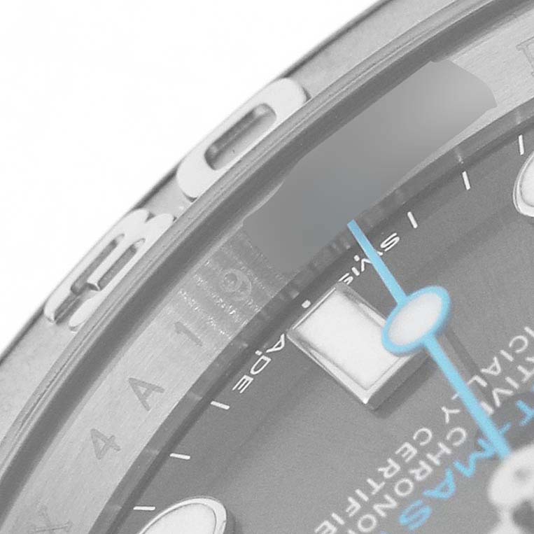The image shows a close-up of the Rolex Yacht-Master 116622 Men's Stainless Steel Silver Dial's bezel, case edge, and part of the dial with the second hand.