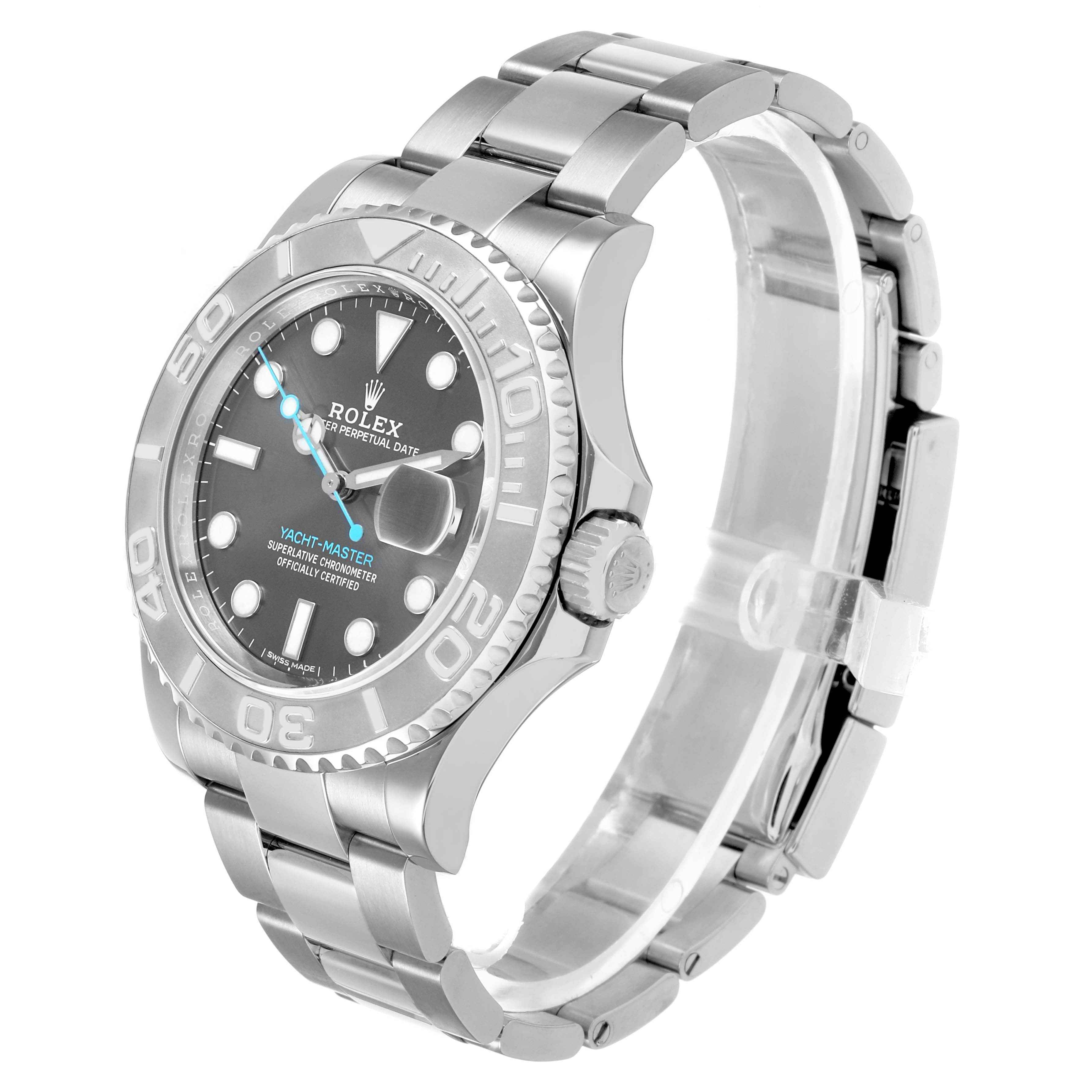 The Rolex Yacht-Master 116622 Men's Stainless Steel Silver Dial watch is shown at a three-quarter angle, displaying the face, bezel, crown, and bracelet.