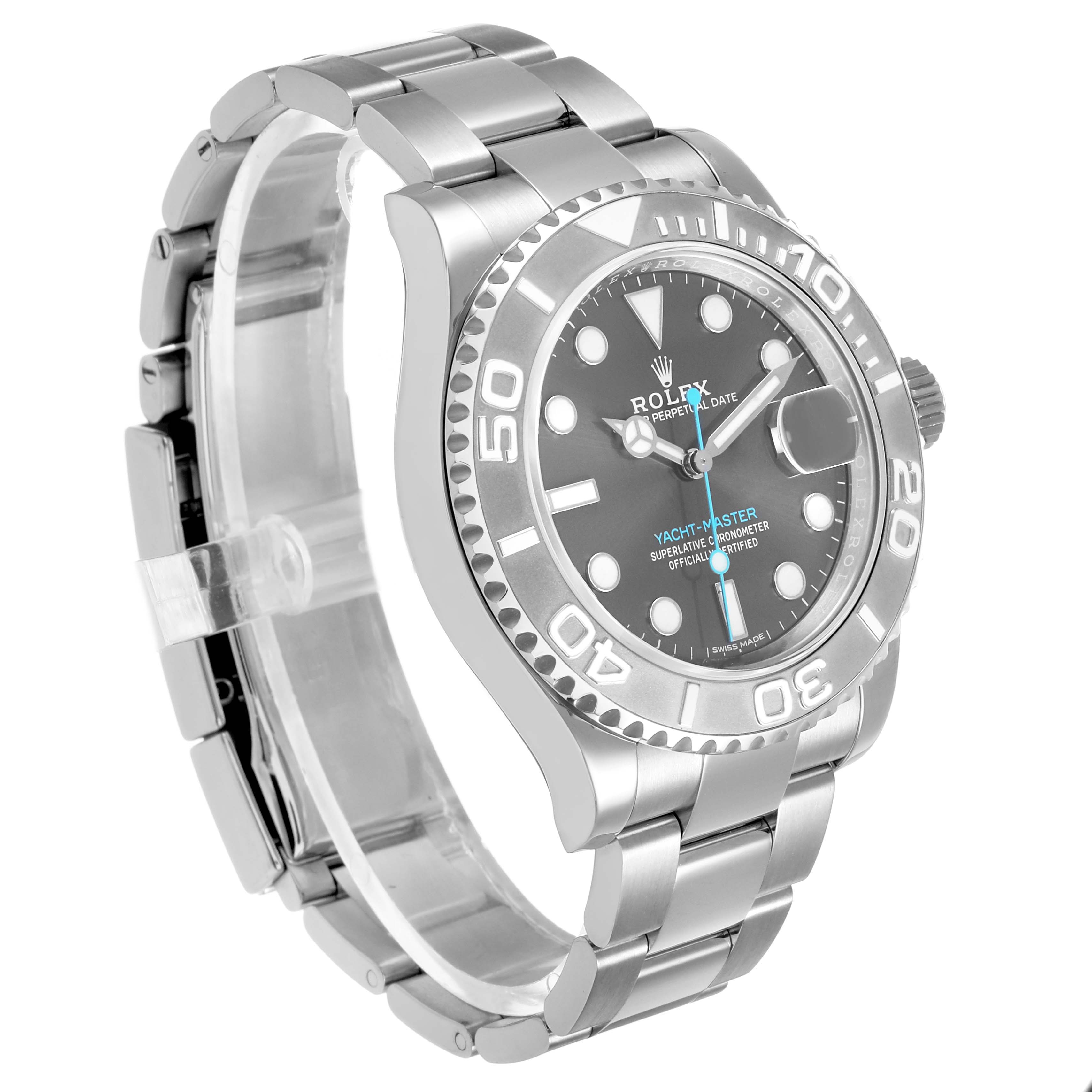 The Rolex Yacht-Master 116622 Men's Stainless Steel Silver Dial watch is shown at a three-quarter angle, highlighting the bezel, dial, case, and bracelet.