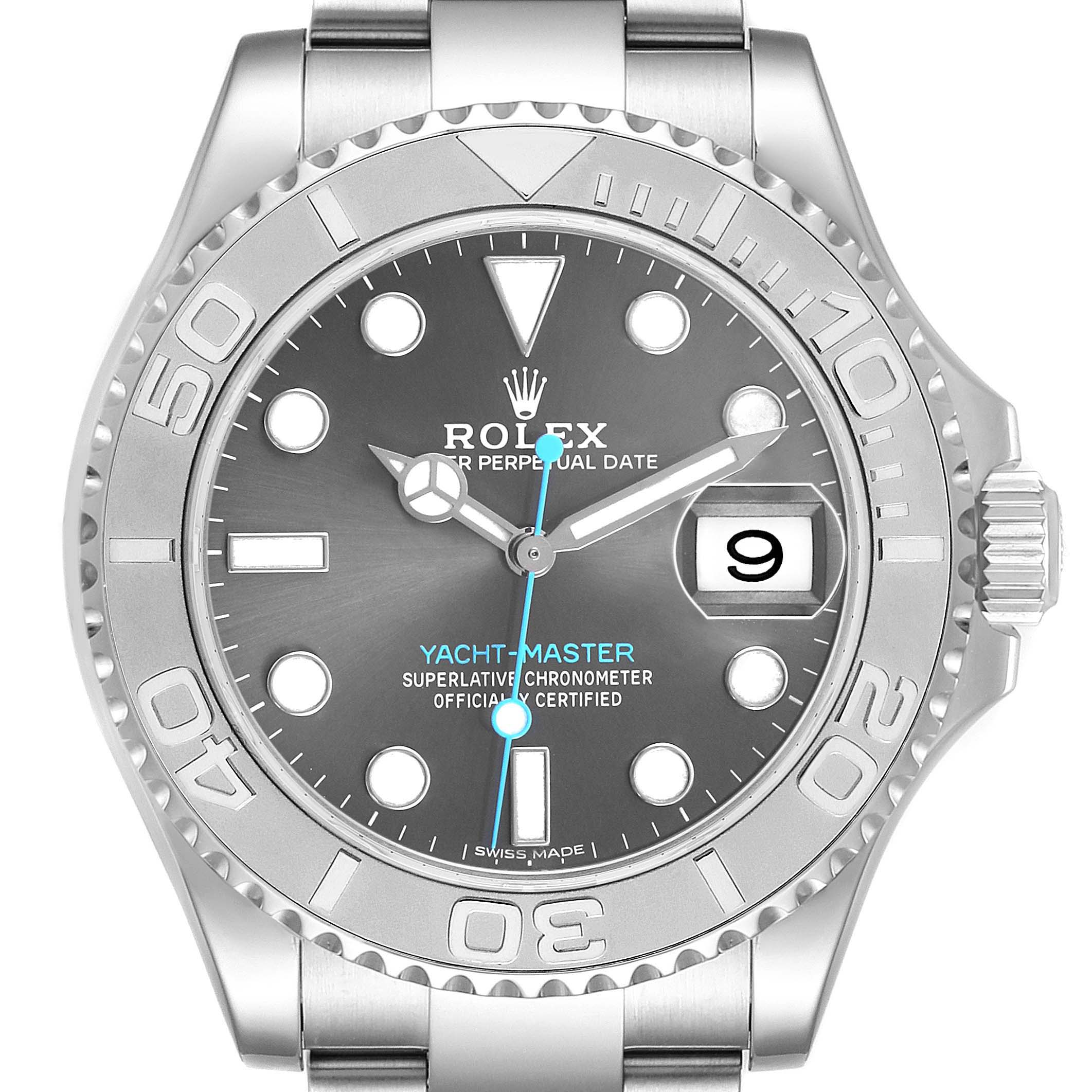 The Rolex Yacht-Master 116622 Men's Stainless Steel Silver Dial watch is shown from a front angle, highlighting its bezel, dial, and bracelet.