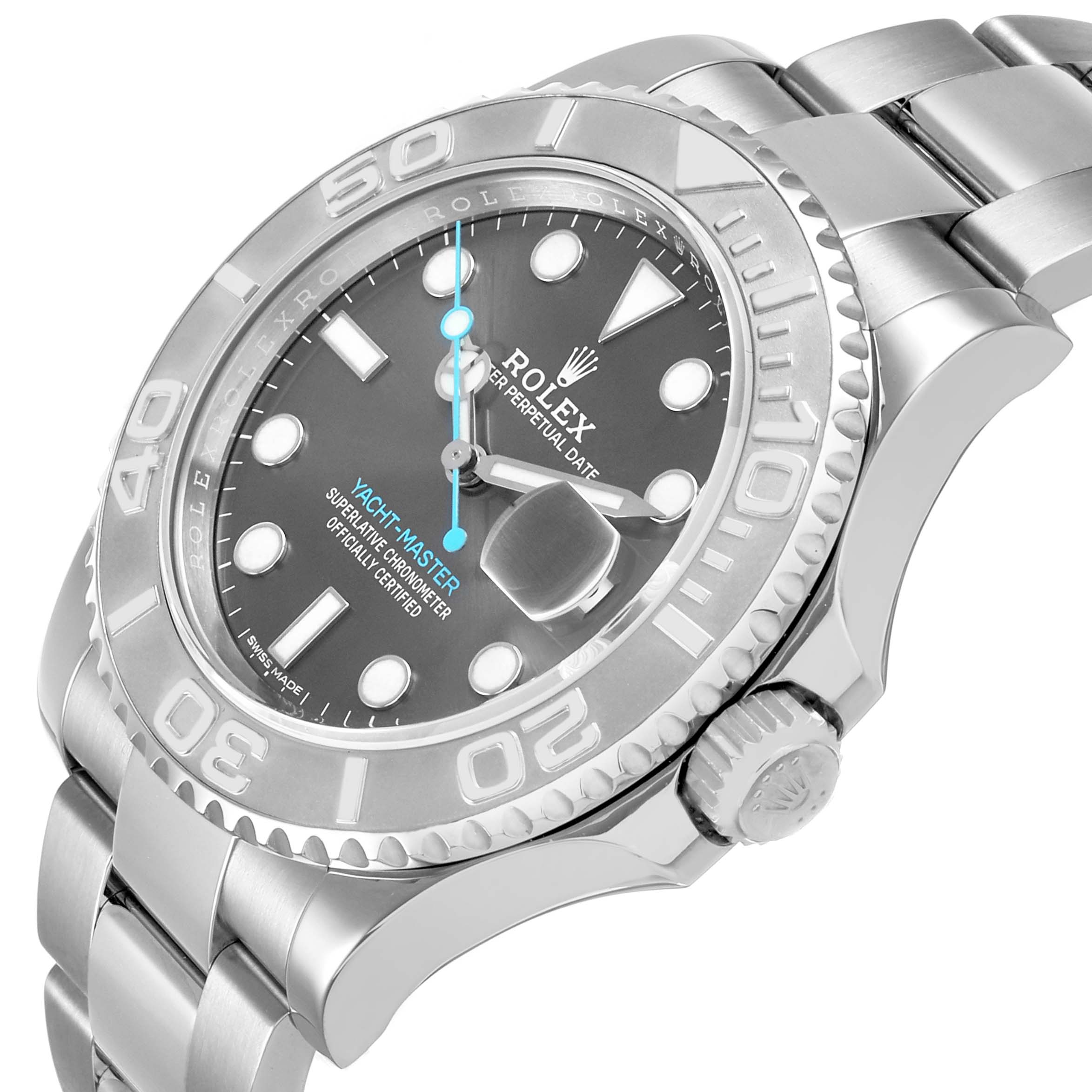 The Rolex Yacht-Master 116622 Men's Stainless Steel Silver Dial watch is shown at a side angle, highlighting the bezel, crown, and part of the bracelet.